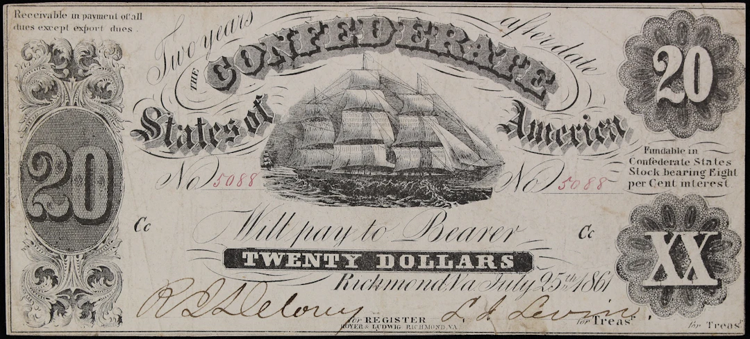 T-9. Confederate Currency. 1861 $20. Very Fine. Double "for Treasr" Error.