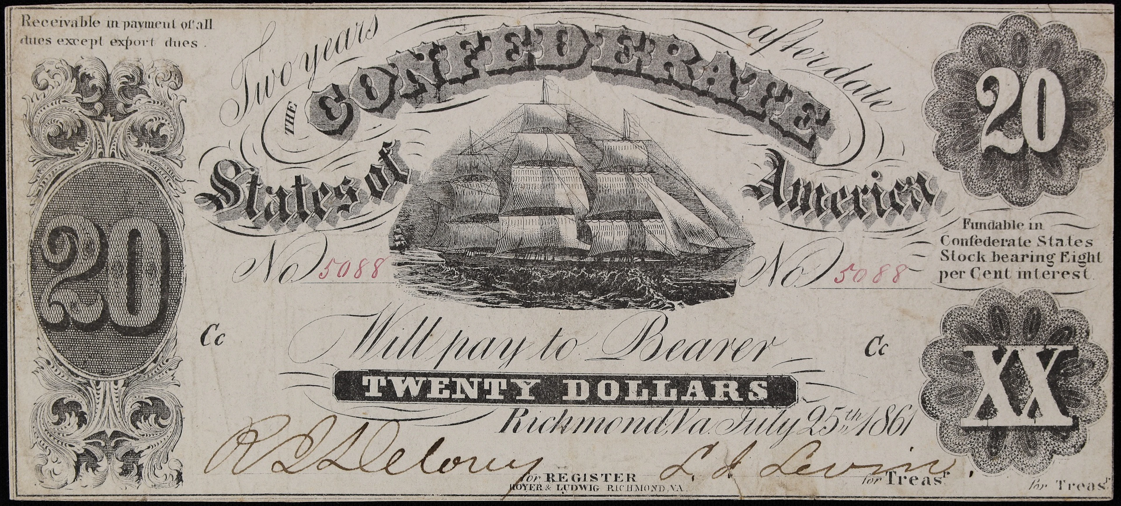 T-9. Confederate Currency. 1861 $20. Very Fine. Double "for Treasr" Error.