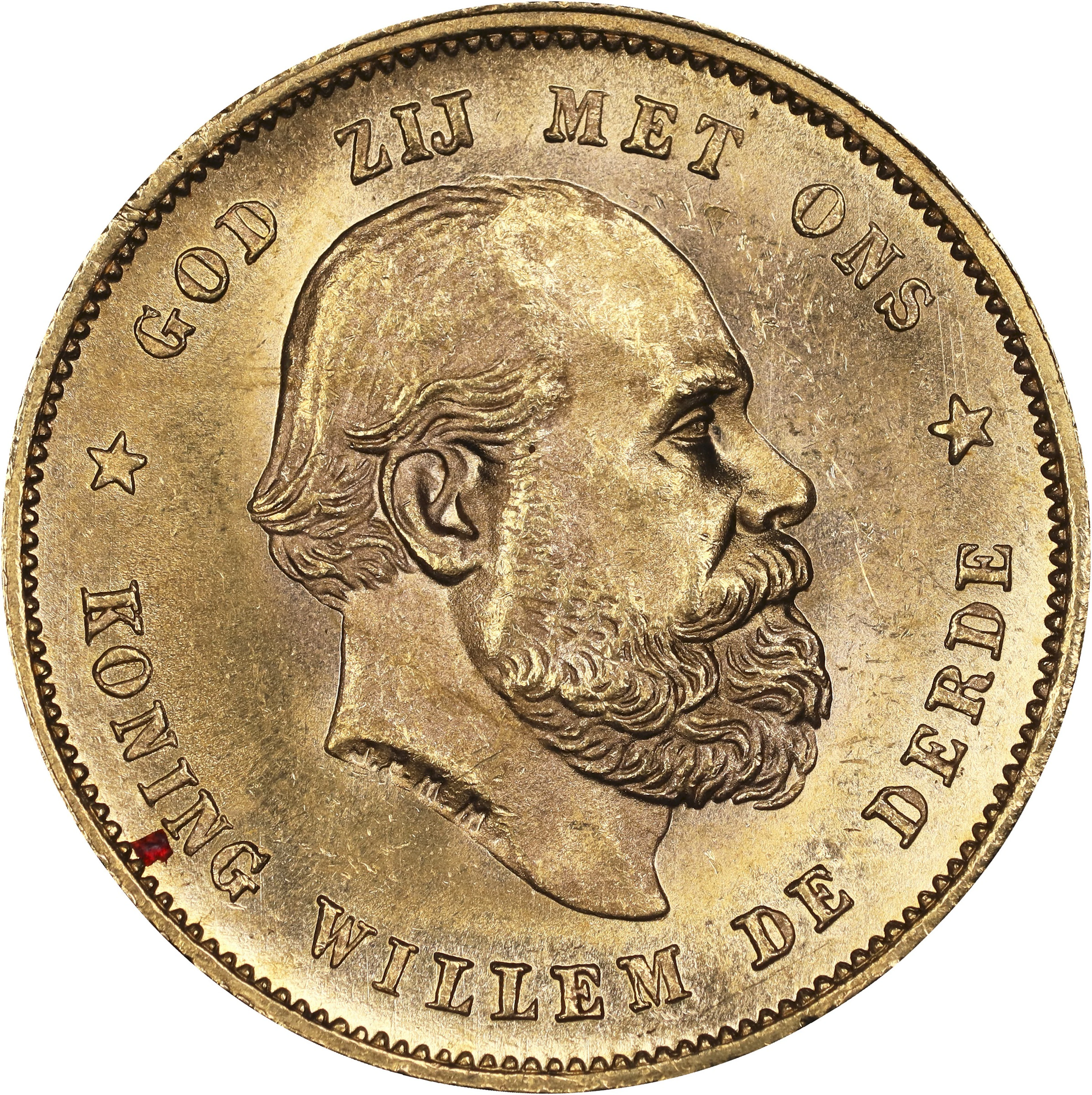(0.195 oz, 6.065 g AGW). Netherlands. 1877 Gold 10 Gulden.