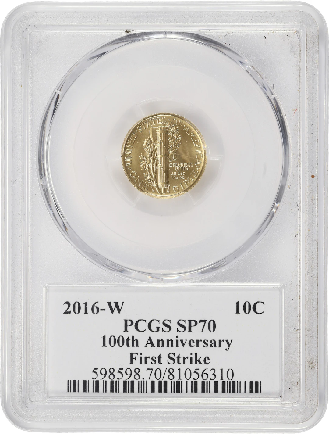(0.1 oz, 3.11 g AGW). 2016-W Centennial Mercury Gold Dime. SP-70 (PCGS).