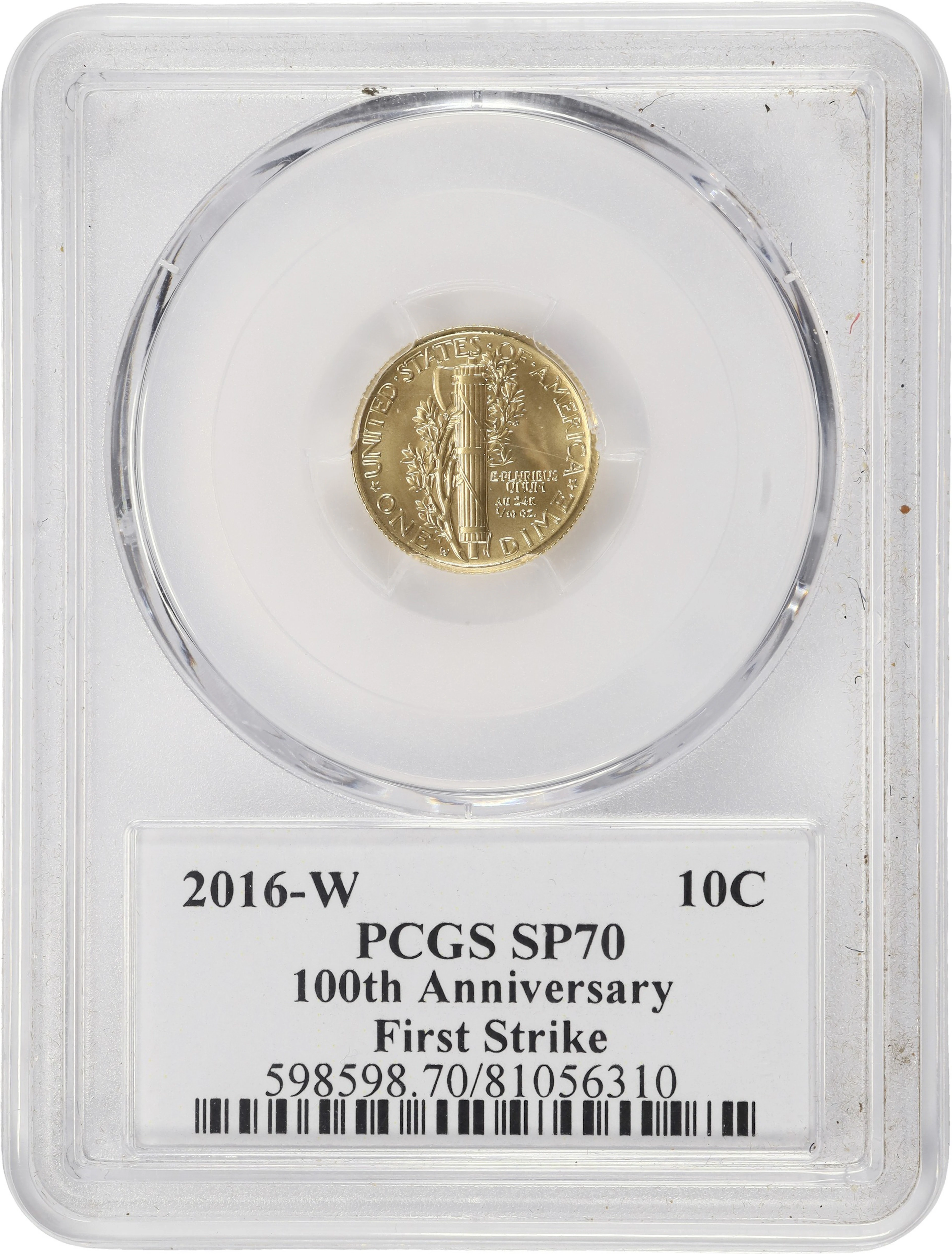 (0.1 oz, 3.11 g AGW). 2016-W Centennial Mercury Gold Dime. SP-70 (PCGS).