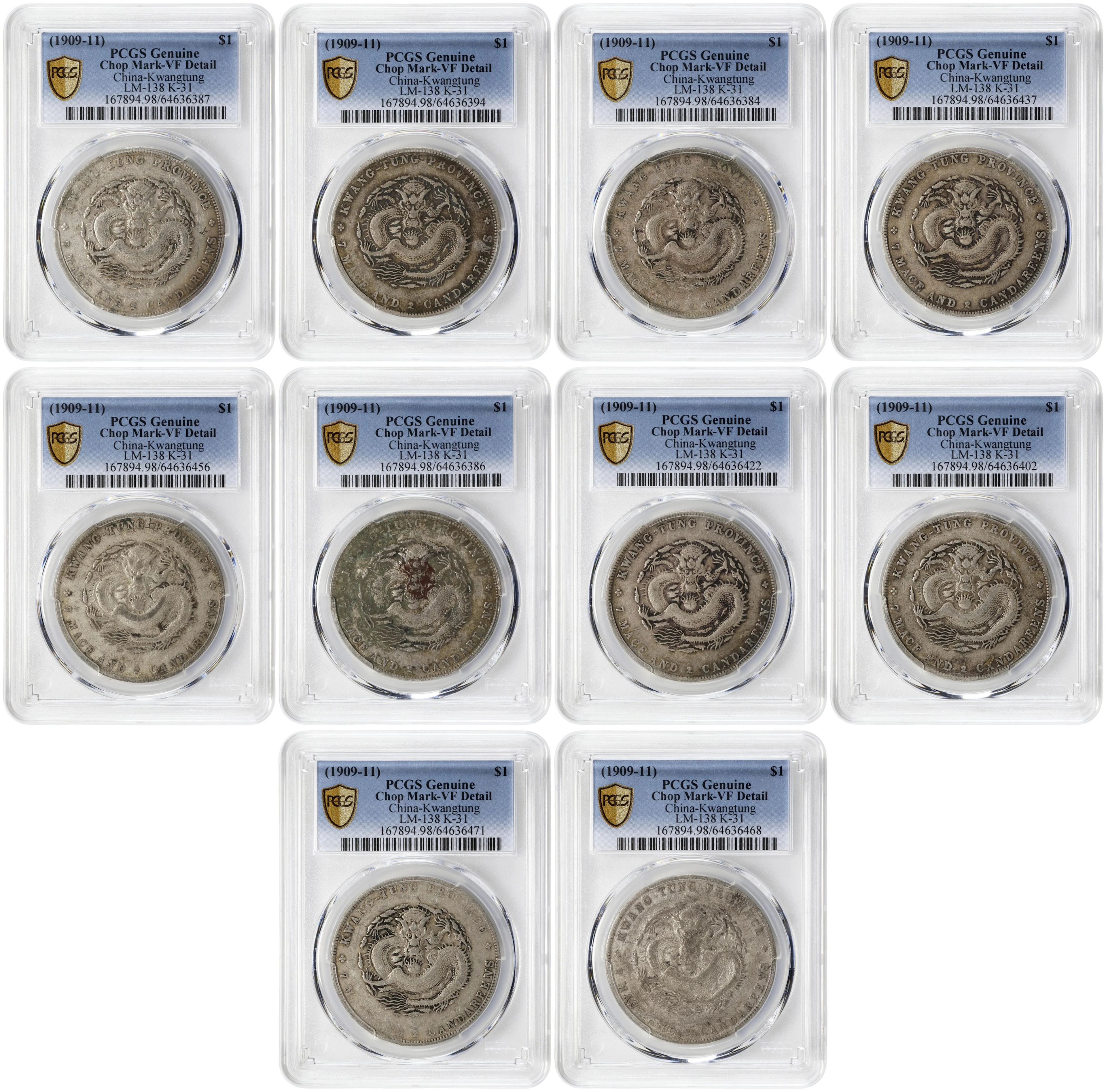 (t) CHINA. Kwangtung. Group of 7 Mace 2 Candareens (Dollar) (10 Pieces)