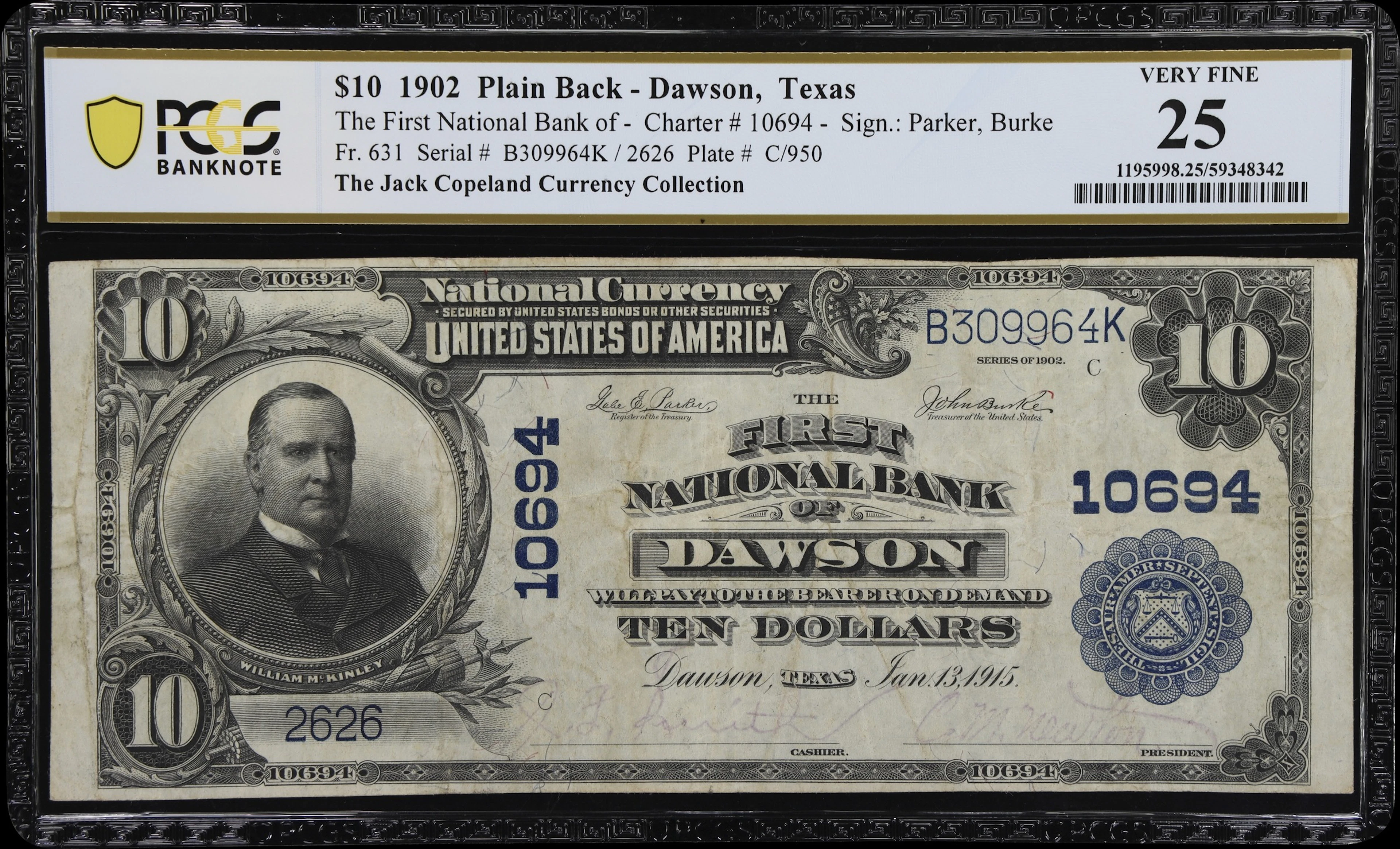 Dawson, Texas. $10 1902 Plain Back. Fr. 631. First NB. Charter #10694.