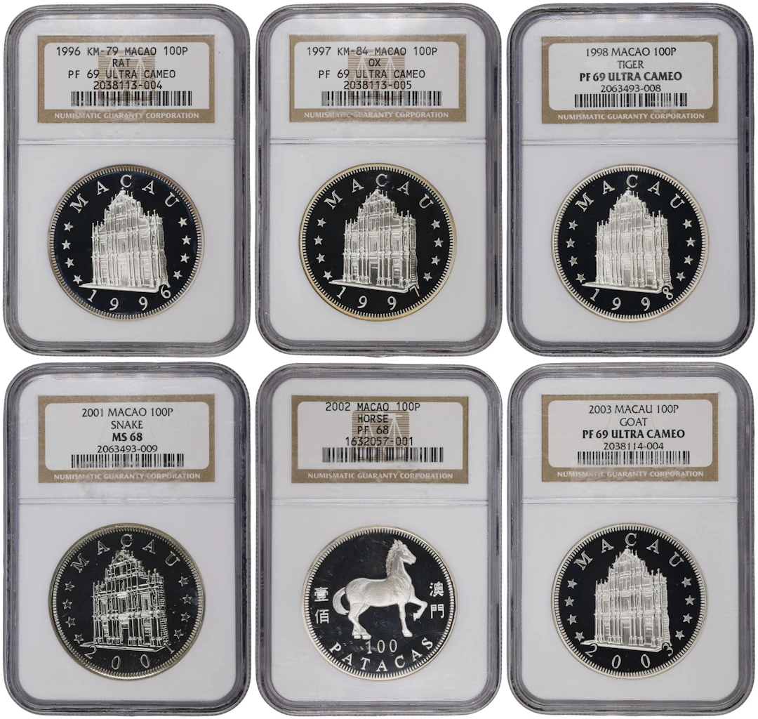 MACAU (SAR). Sextet of Silver 100 Patacas (6 Pieces), 1996-2003. Lunar