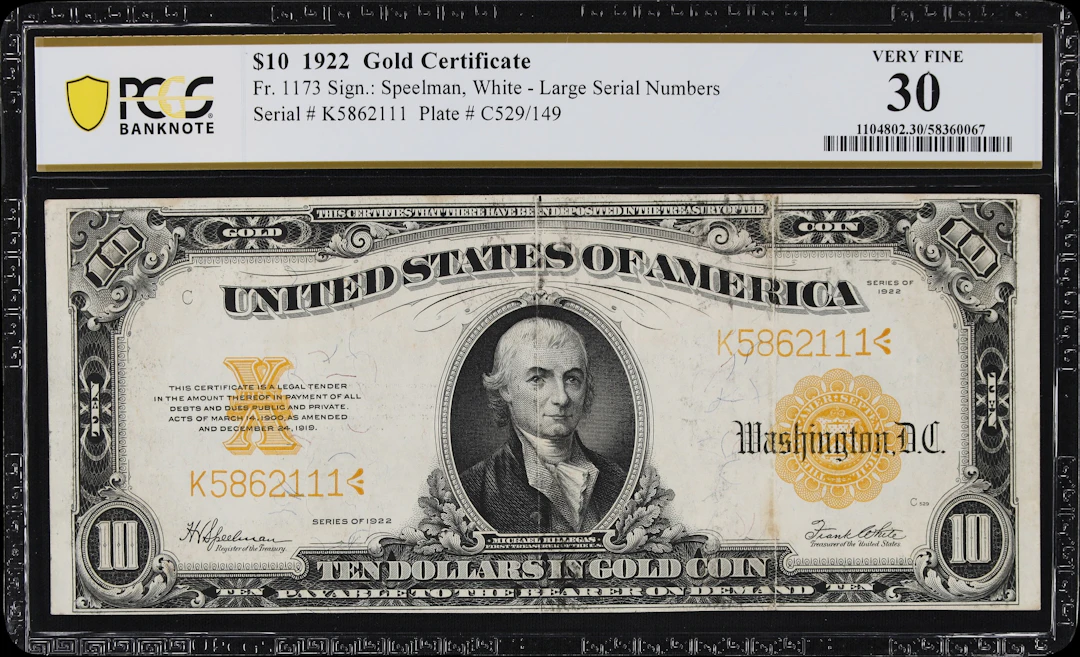 Fr. 1173. 1922 $10 Gold Certificate. PCGS Banknote Very Fine 30.