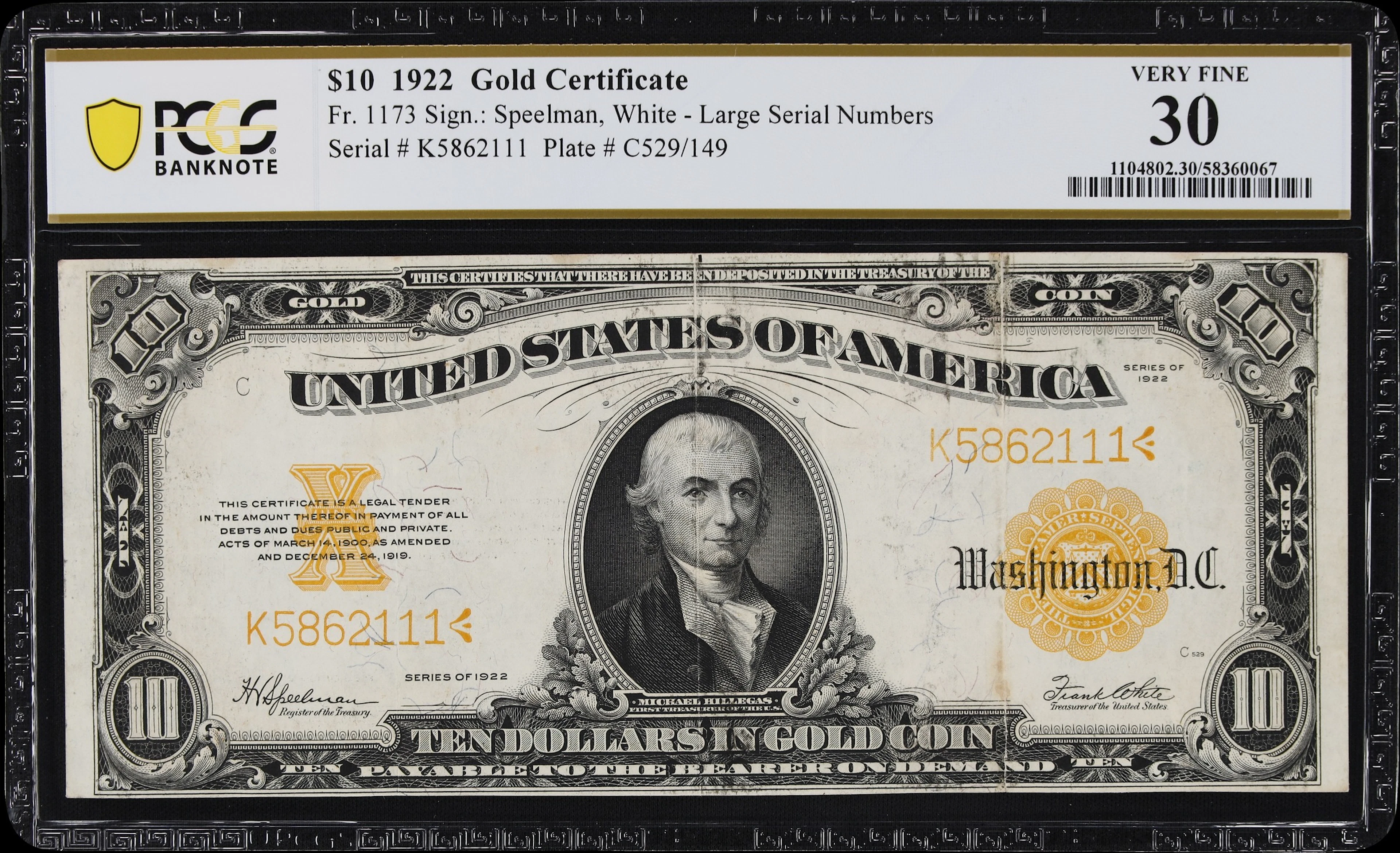Fr. 1173. 1922 $10 Gold Certificate. PCGS Banknote Very Fine 30.