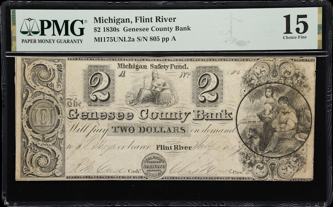 Flint River, Michigan. Genesee County Bank. 1837 $2. PMG Choice Fine 15.