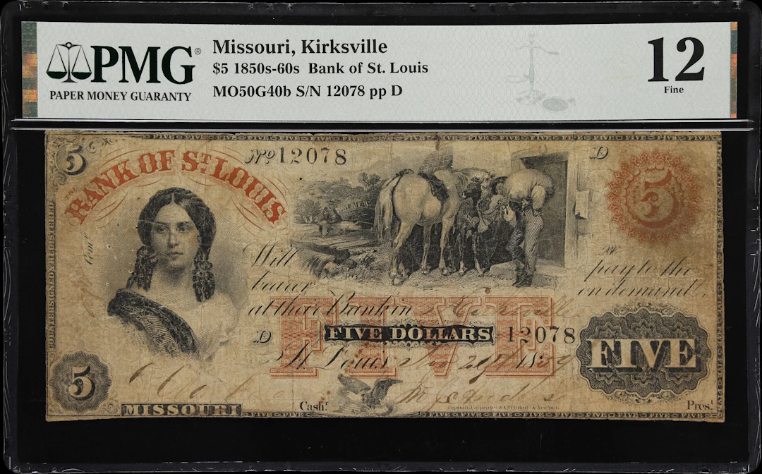 Kirksville, Missouri. Bank of St. Louis. 1859 $5. PMG Fine 12.