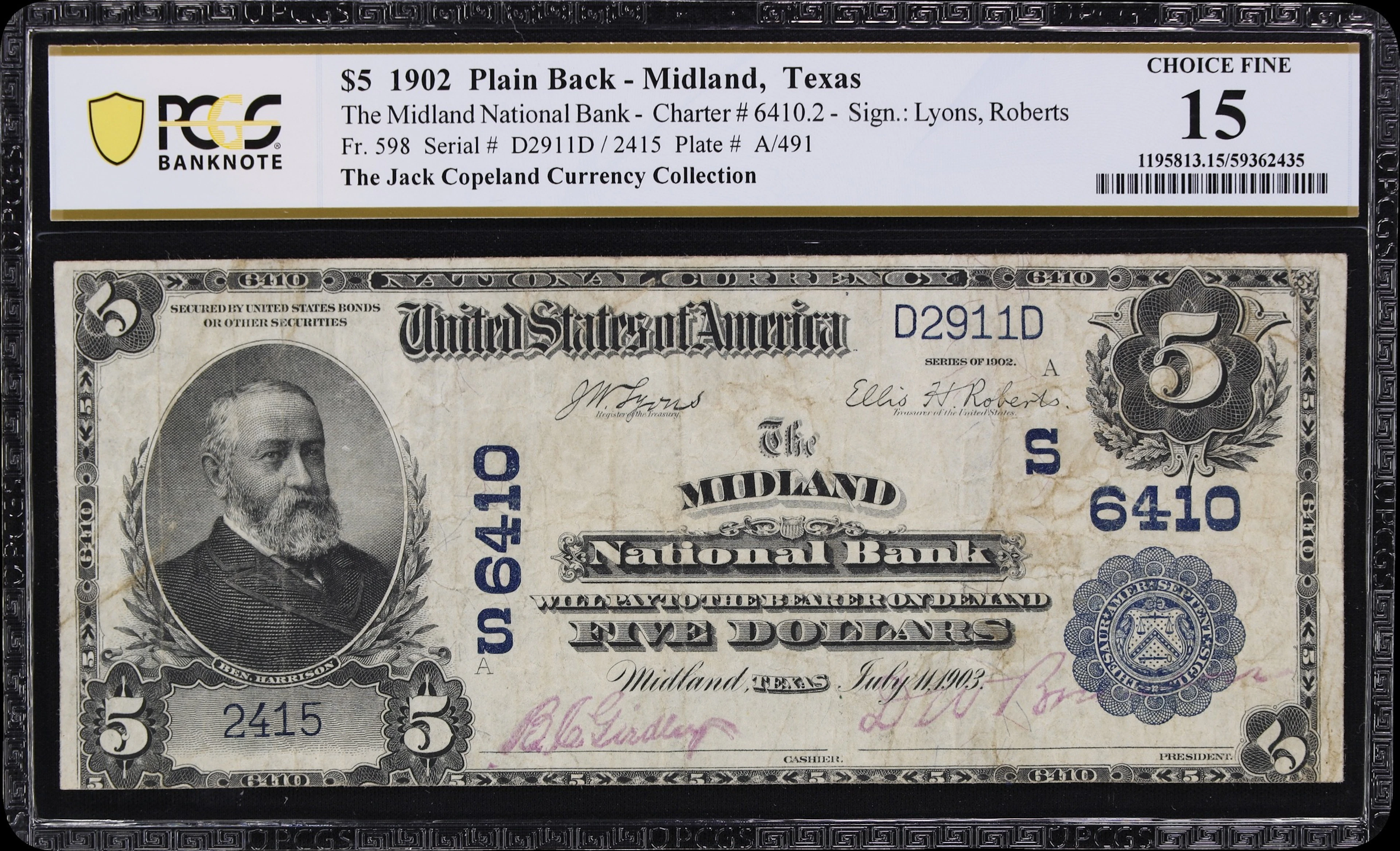 Midland, Texas. $5 1902 Plain Back. Fr. 598. Midland NB. Charter #6410.