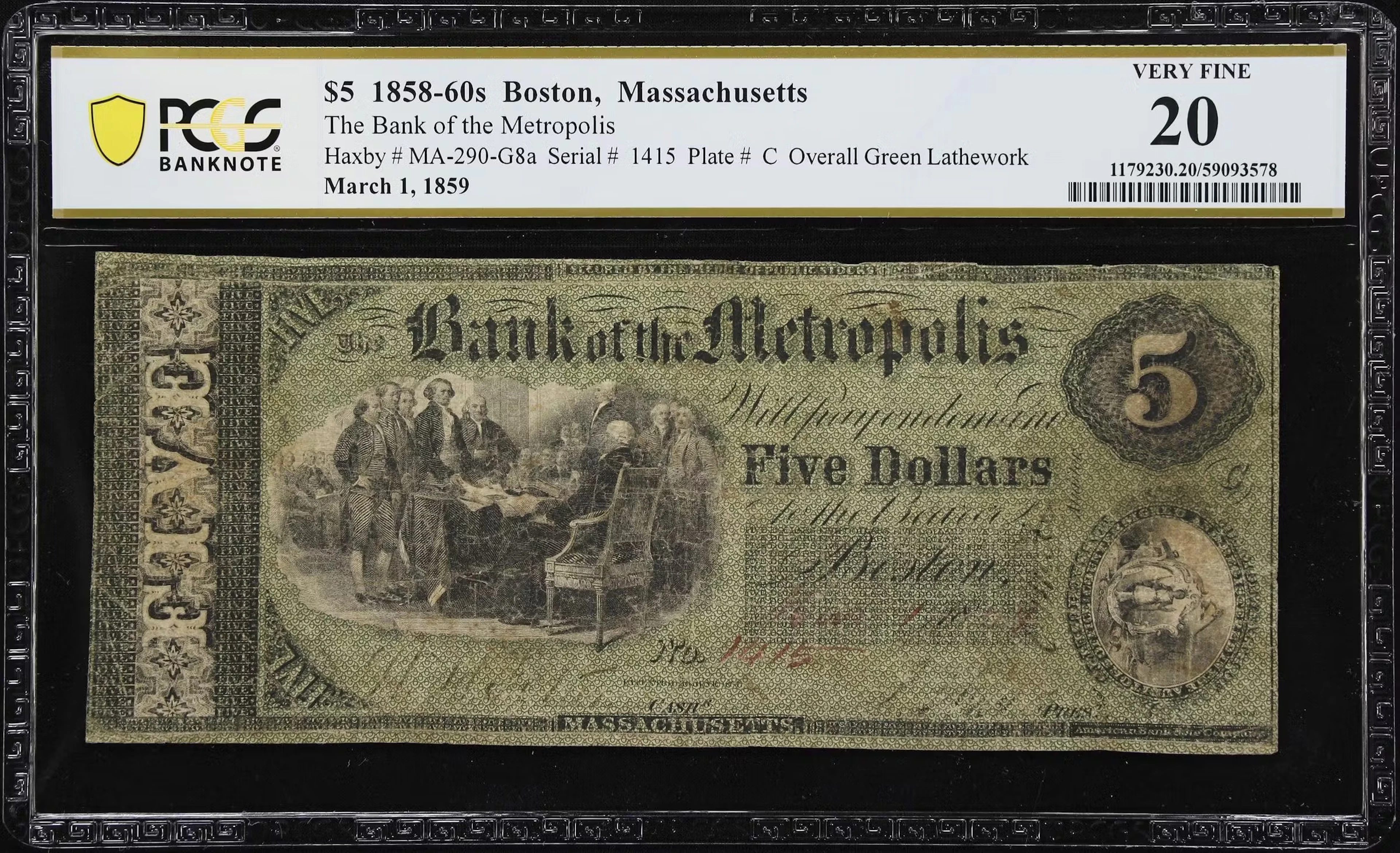 Boston, Massachusetts. Bank of the Metropolis. 1858-60s $5. PCGS Banknote
