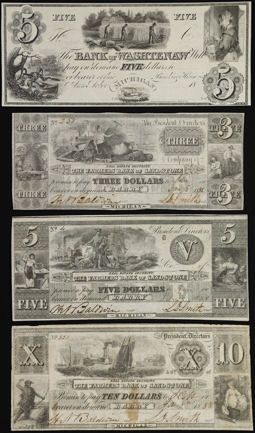 Lot of (4) Ann Arbor & Barry, Michigan. Mixed Issuers. 18xx-38 $3