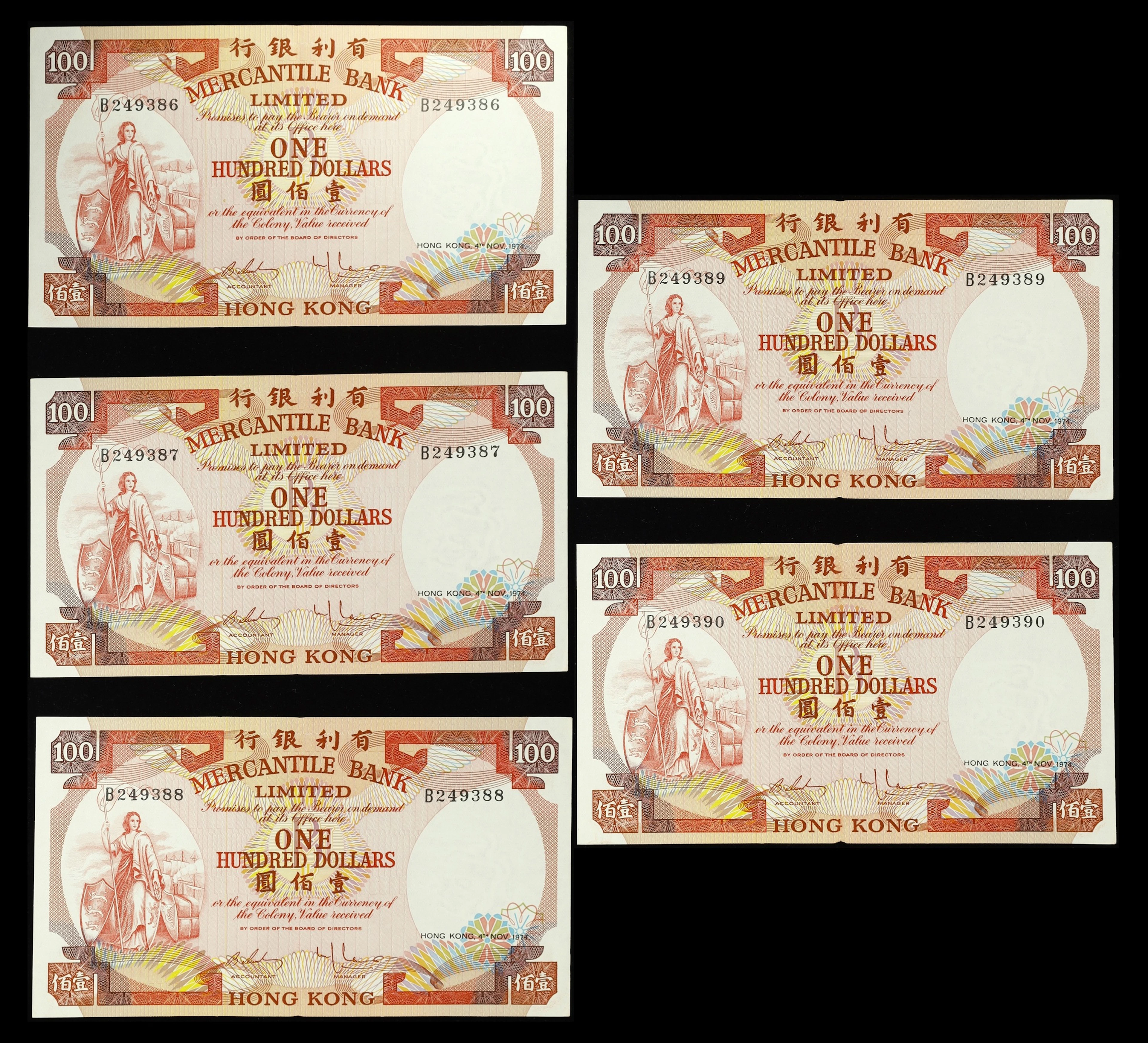 HONG KONG (SAR). Lot of (5). Mercantile Bank Limited. 100 Dollars
