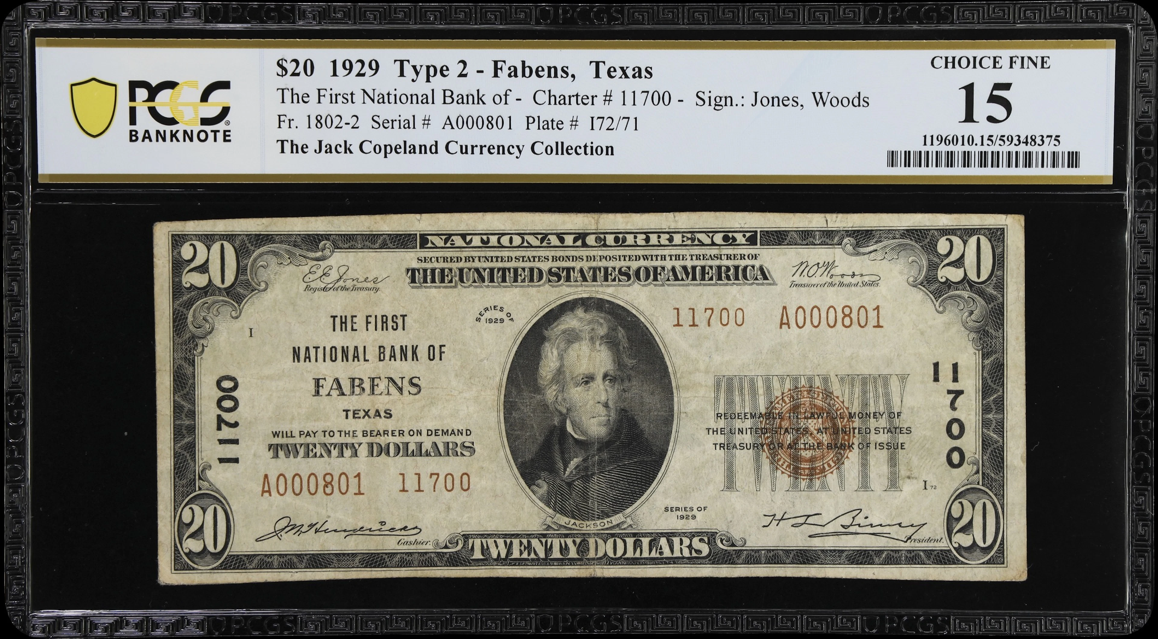Fabens, Texas. $20 1929 Ty. 2. Fr. 1802-2. First NB. Charter #11700.