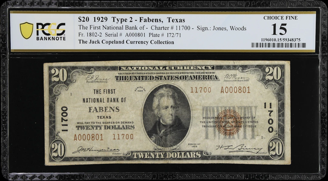 Fabens, Texas. $20 1929 Ty. 2. Fr. 1802-2. First NB. Charter #11700.