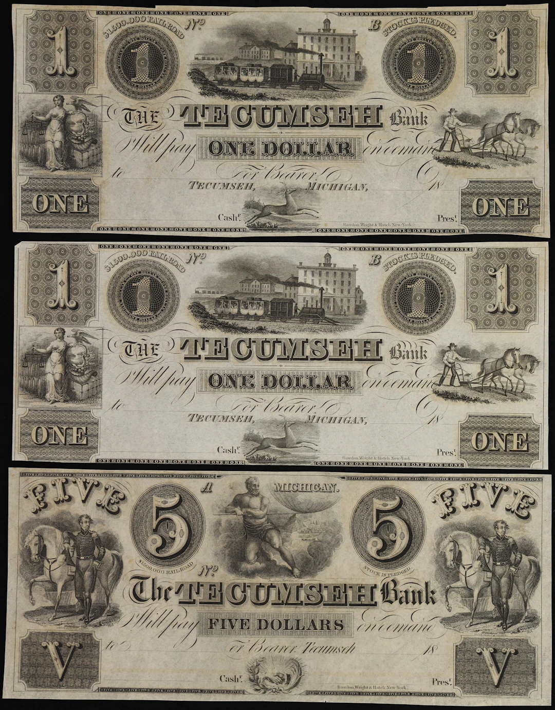 Lot of (3) Tecumseh, Michigan. Tecumseh Bank. 18xx $1 & $5. About