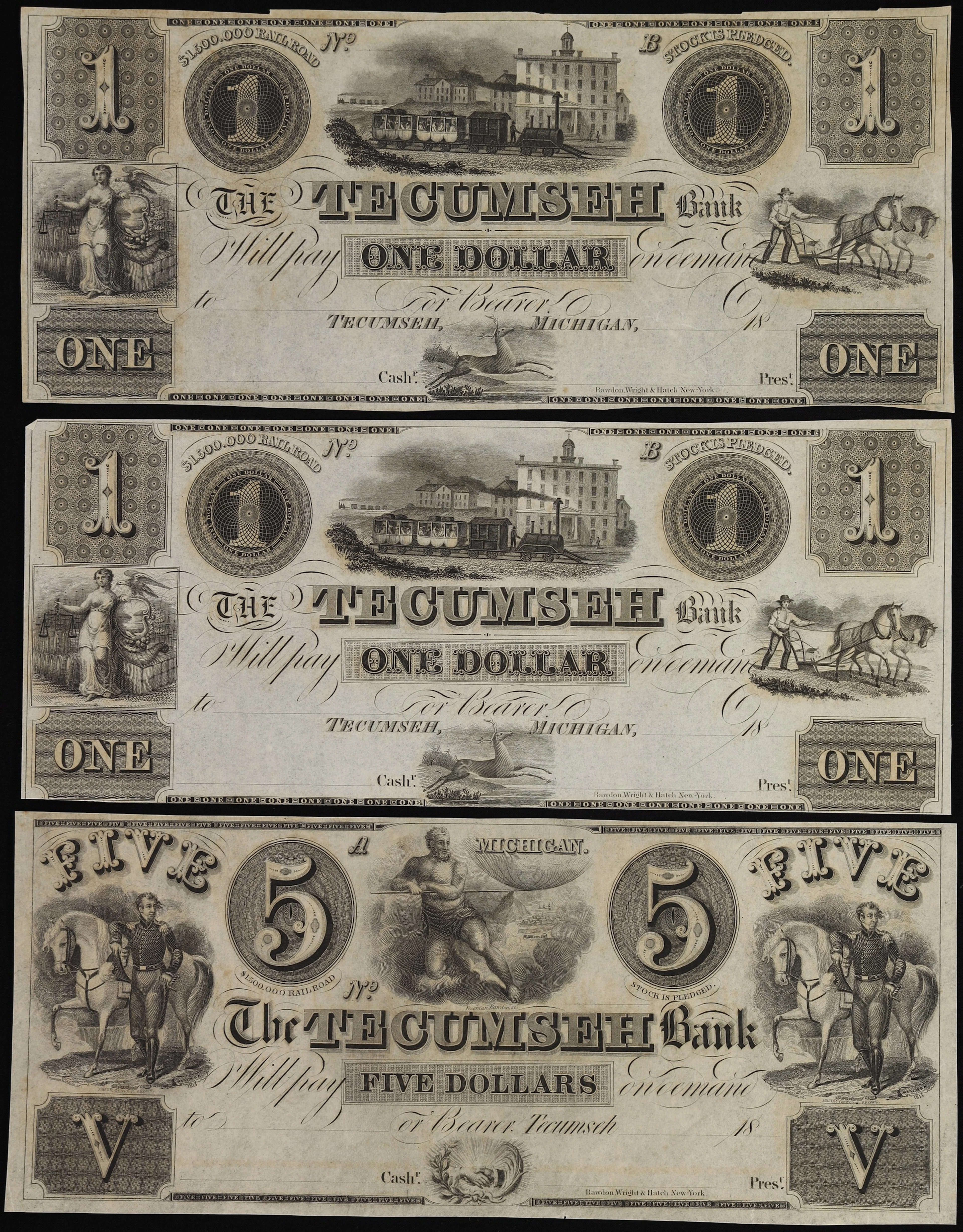 Lot of (3) Tecumseh, Michigan. Tecumseh Bank. 18xx $1 & $5. About