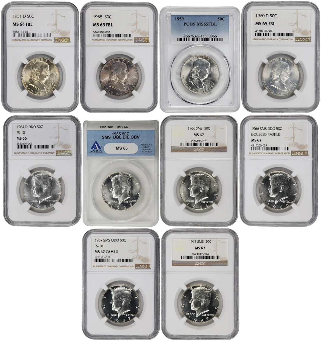 Lot of (10) Certified Mixed Type Silver Half Dollars.