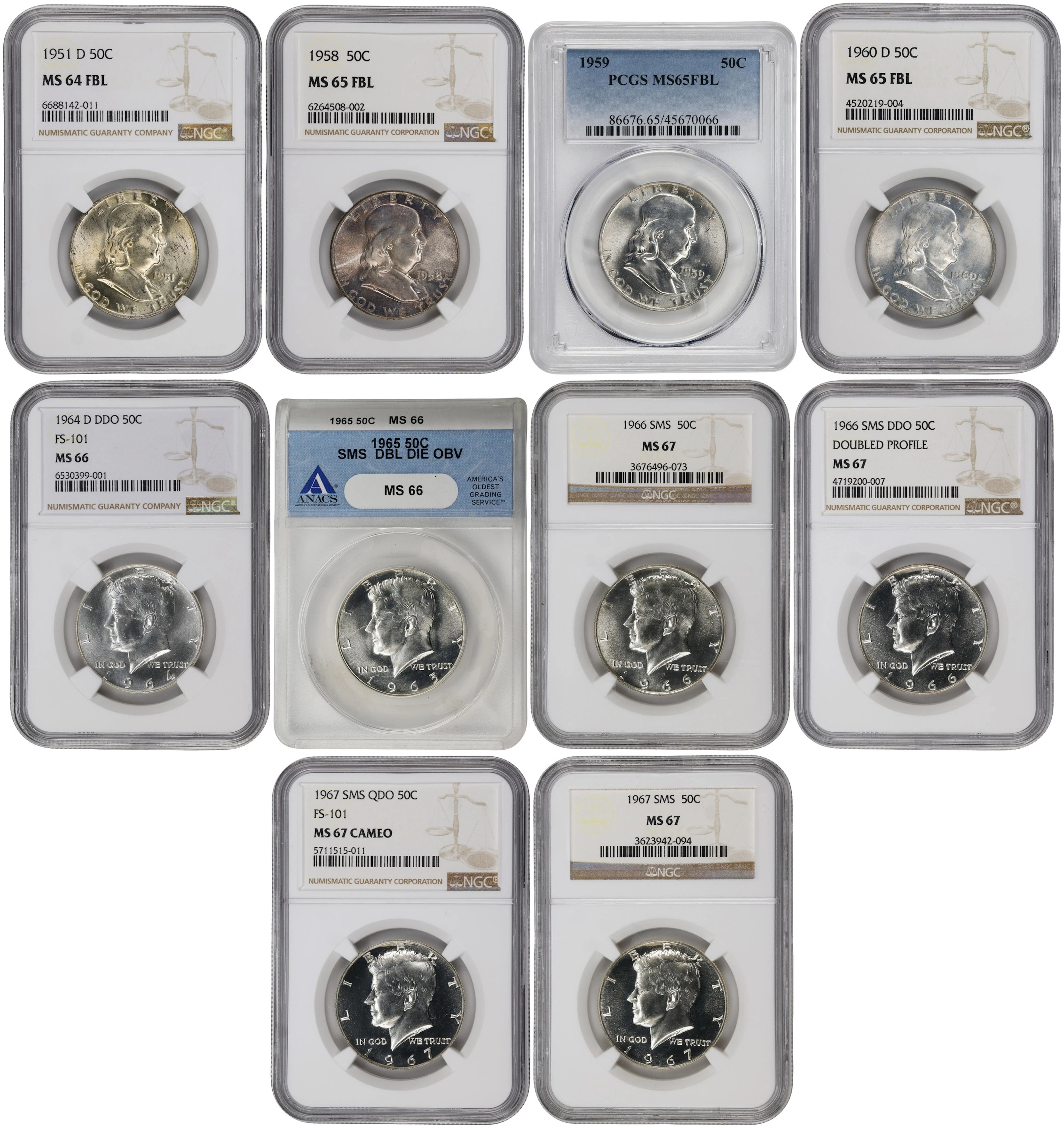 Lot of (10) Certified Mixed Type Silver Half Dollars.