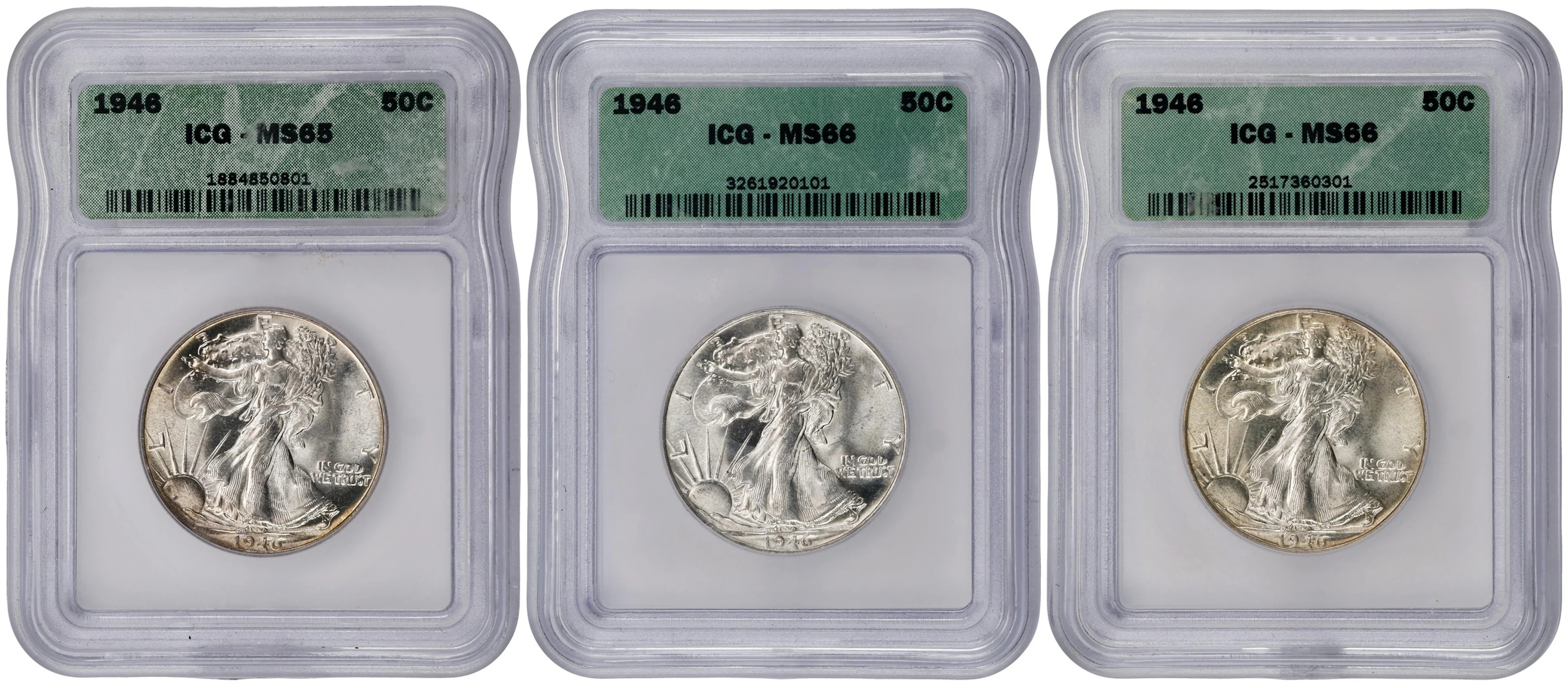 Lot of (3) Gem Mint State 1946 Walking Liberty Half Dollars. (ICG).