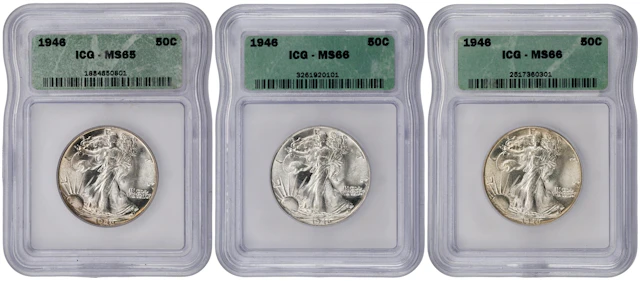 Lot of (3) Gem Mint State 1946 Walking Liberty Half Dollars. (ICG).
