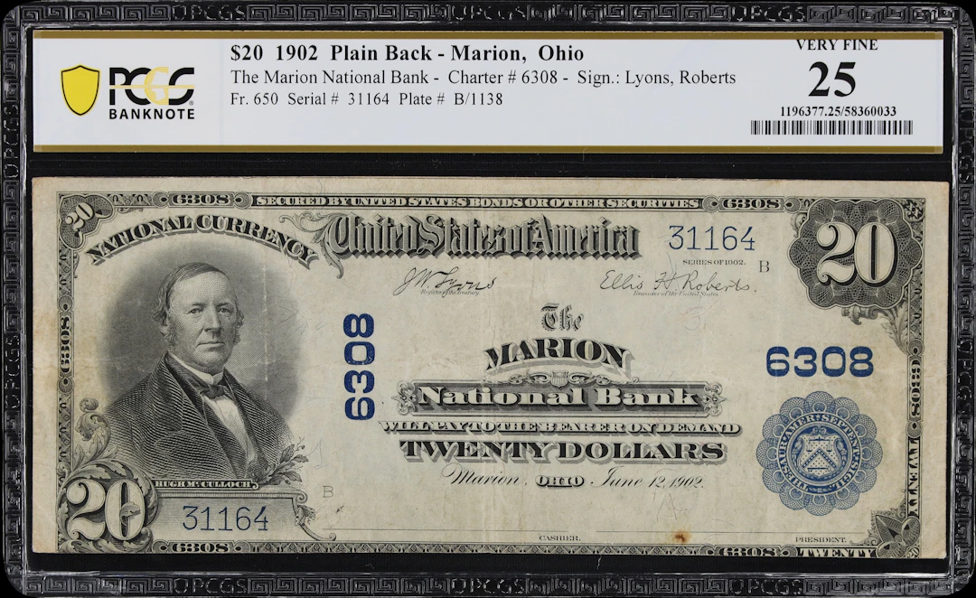 Marion, Ohio. $20 1902 Plain Back. Fr. 650. Marion NB. Charter #6308.