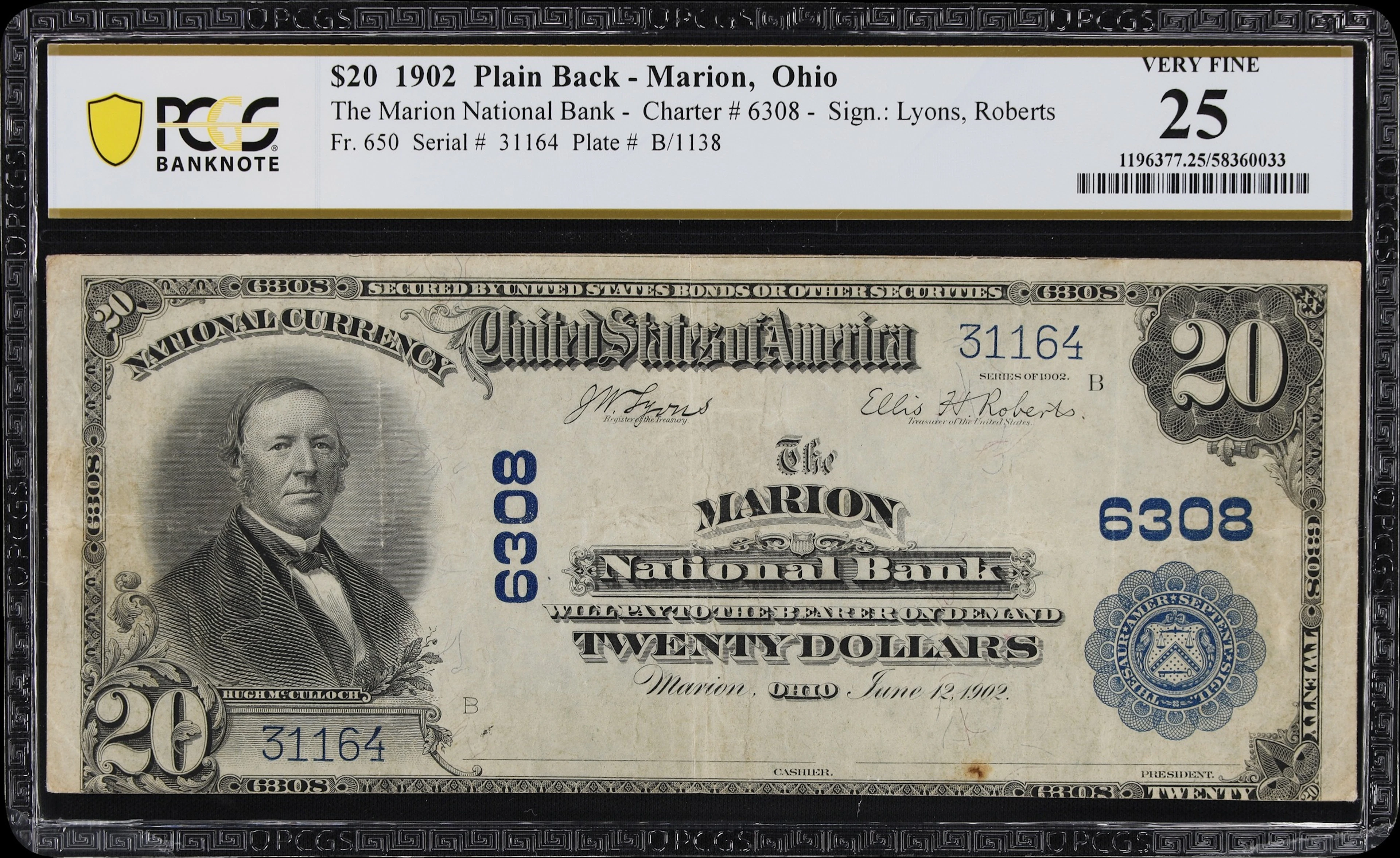 Marion, Ohio. $20 1902 Plain Back. Fr. 650. Marion NB. Charter #6308.