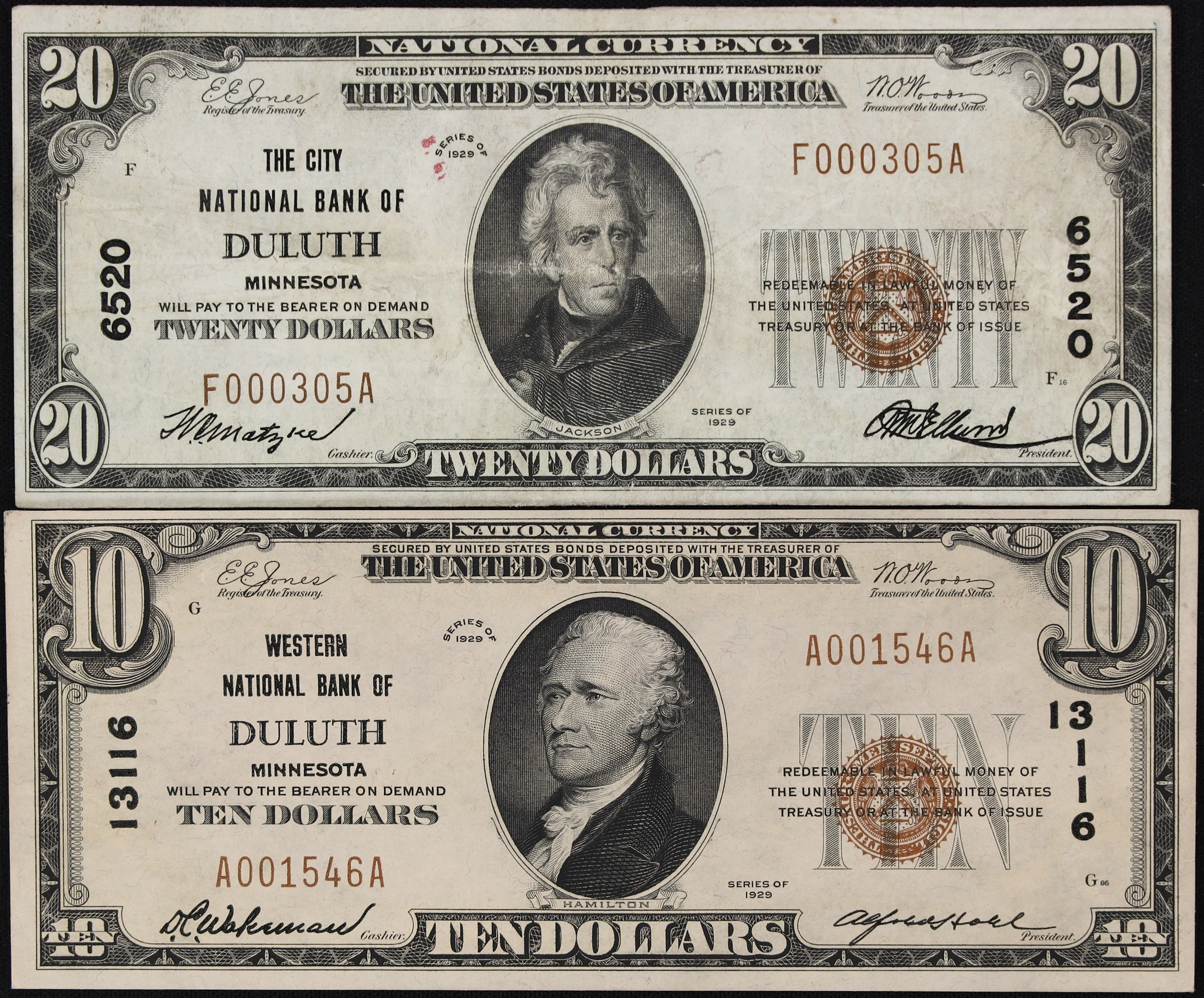 Lot of (2) Duluth, Minnesota. $10 & $20 1929 Ty. 1. Fr. 1801-1 & 1802-1.