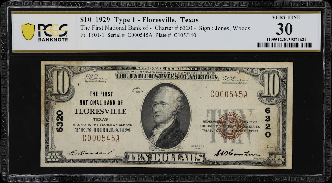 Floresville, Texas. $10 1929 Ty. 1. Fr. 1801-1. First NB. Charter