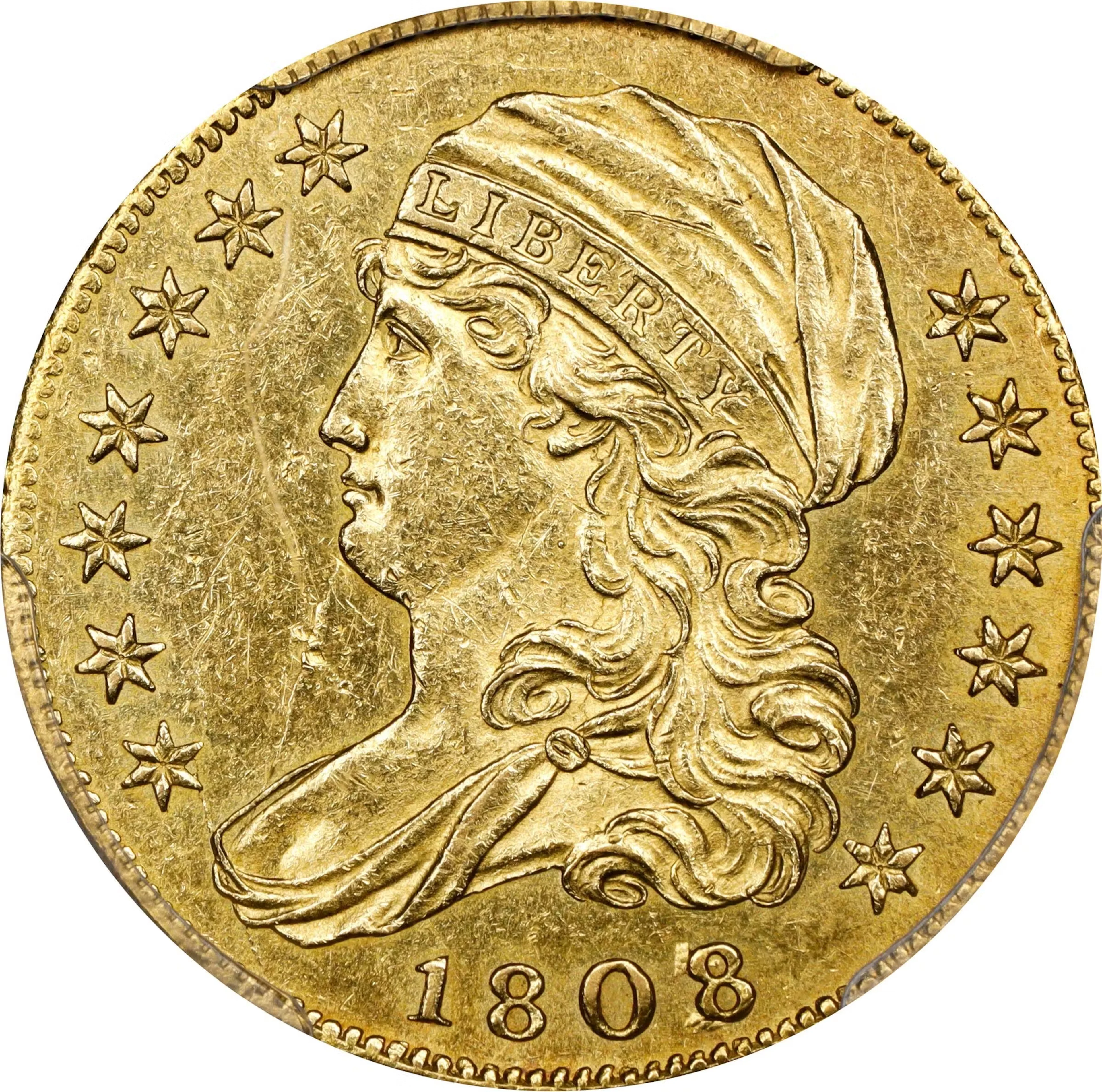1808/7 Capped Bust Left Half Eagle. BD-1. Rarity-6. Unc Details--Cleaned