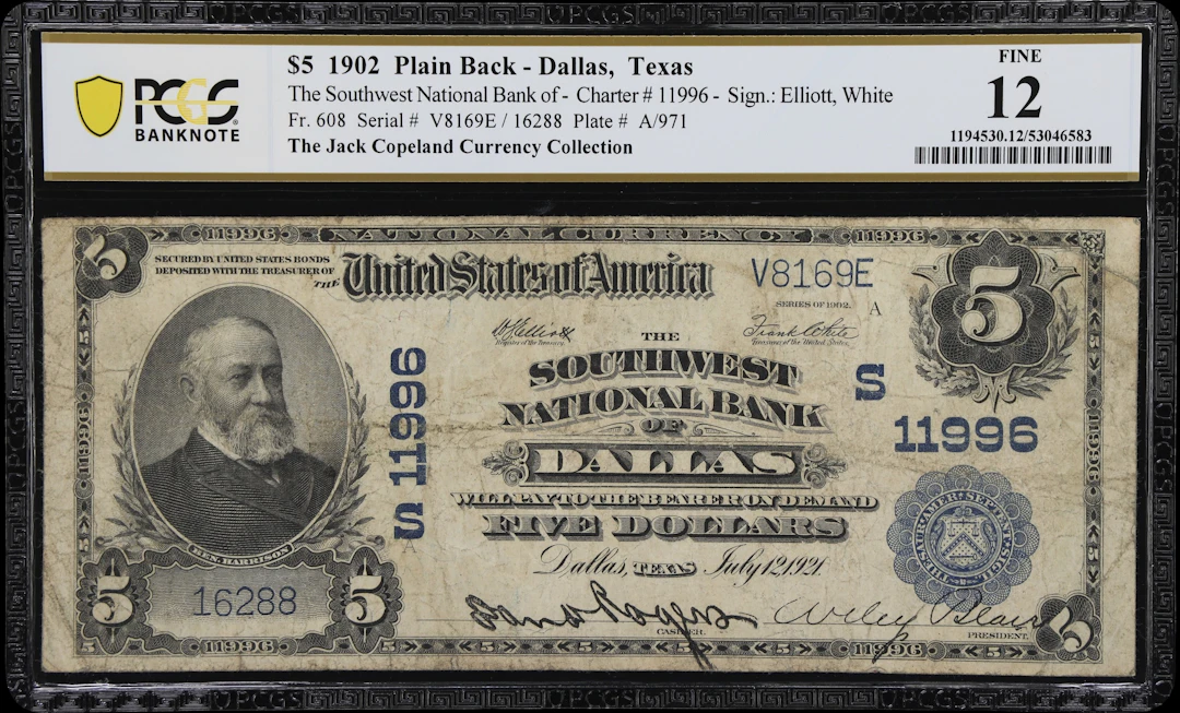 Dallas, Texas. $5 1902 Plain Back. Fr. 608. Southwest NB. Charter