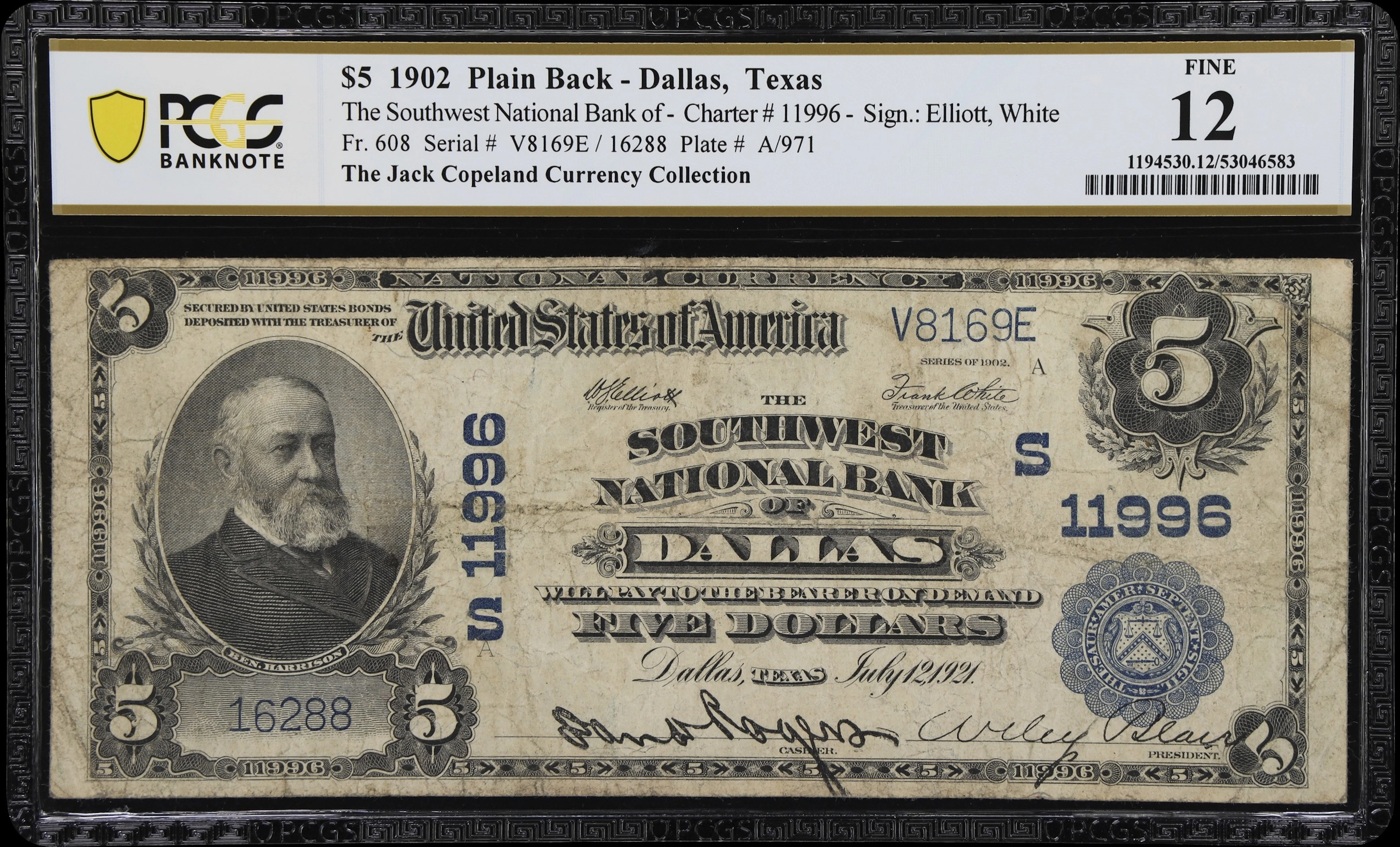 Dallas, Texas. $5 1902 Plain Back. Fr. 608. Southwest NB. Charter