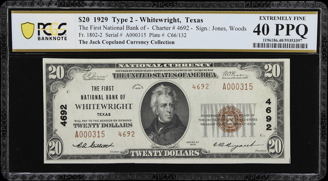 Whitewright, Texas. $20 1929 Ty. 2. Fr. 1802-2. First NB. Charter