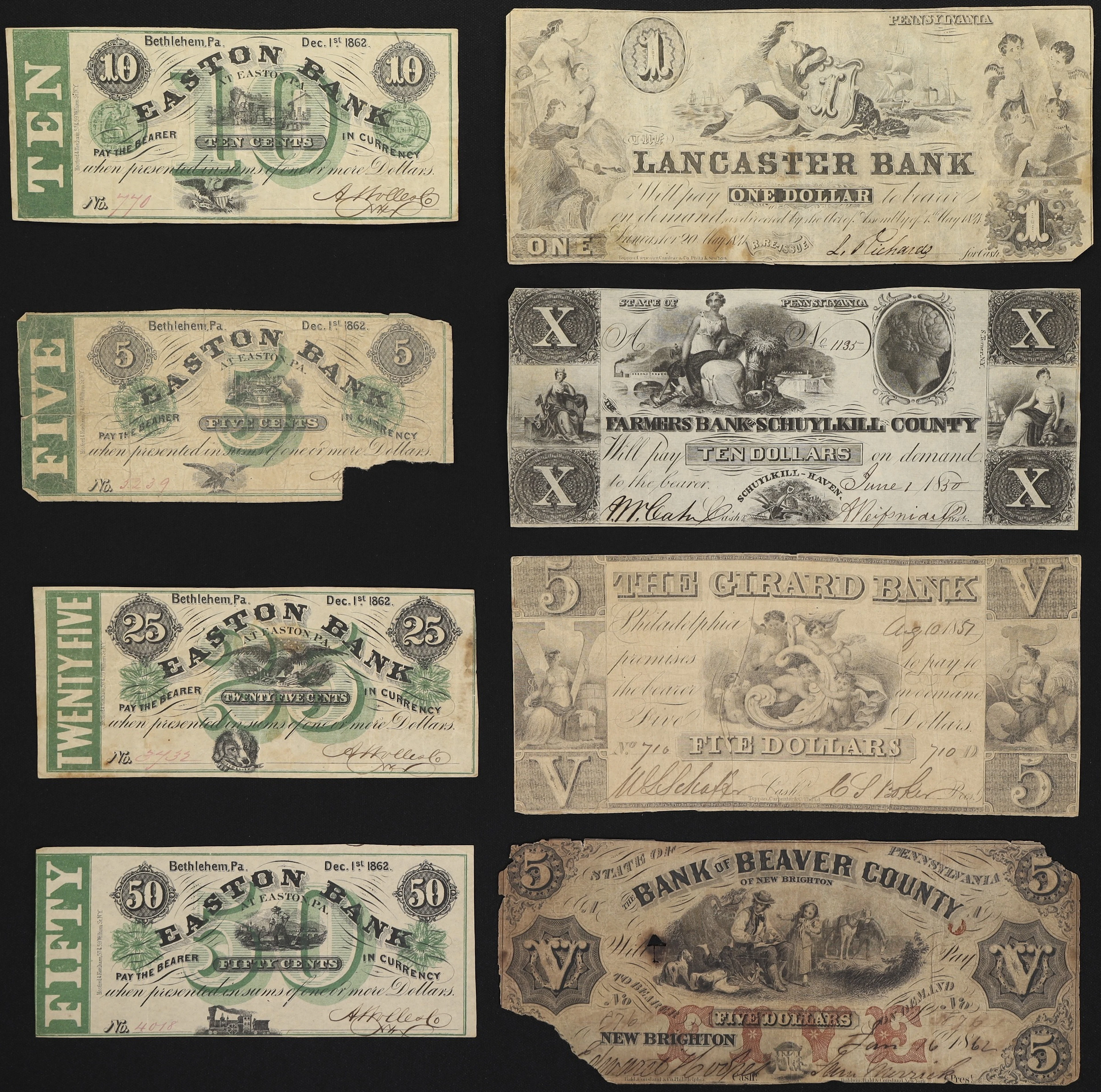 Lot of (8) Pennsylvania Obsoletes. Mixed Issuers. 1840s - 62 Mixed