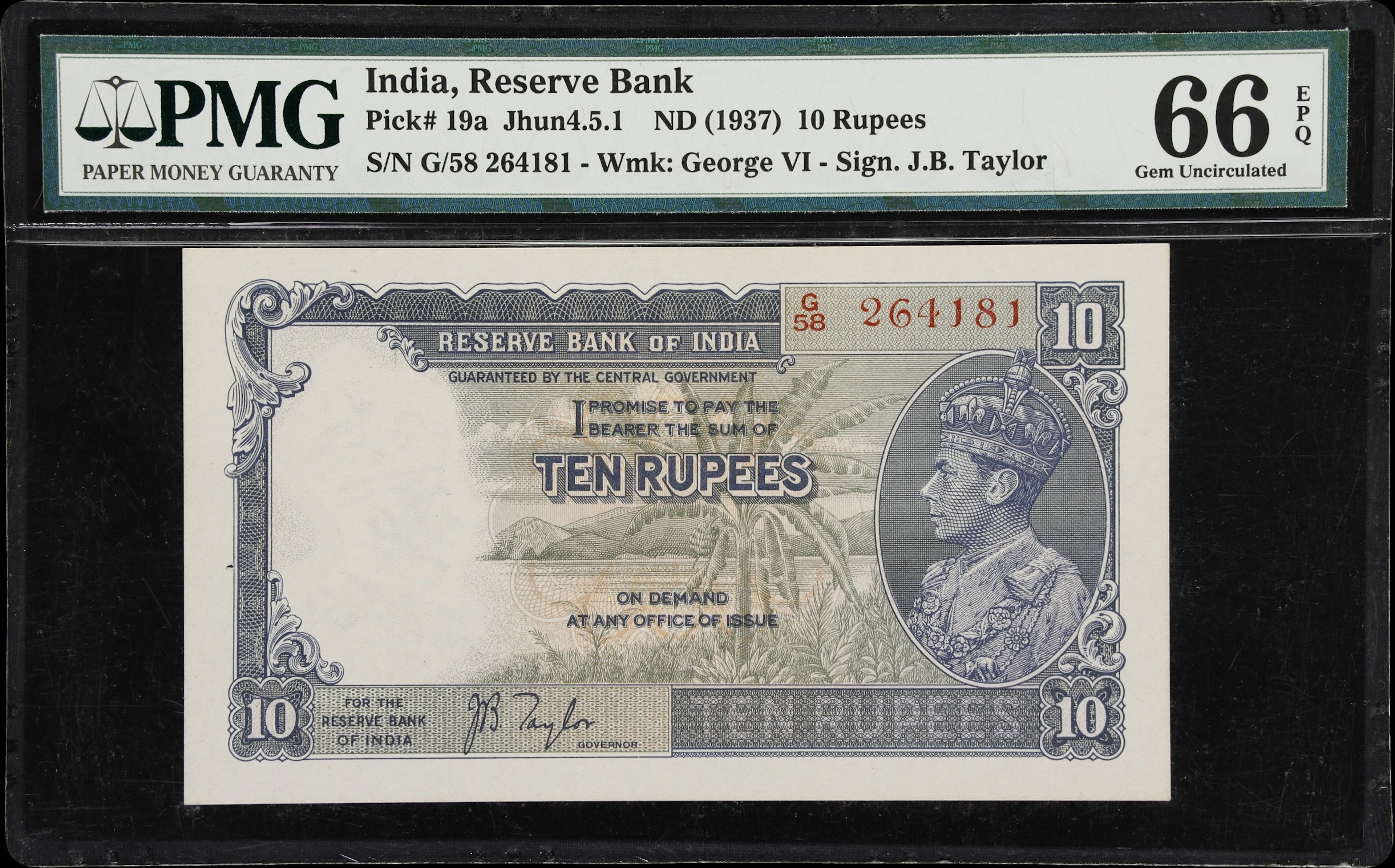 INDIA. Reserve Bank of India. 10 Rupees, ND (1937). P-19a. Jhun&Rez