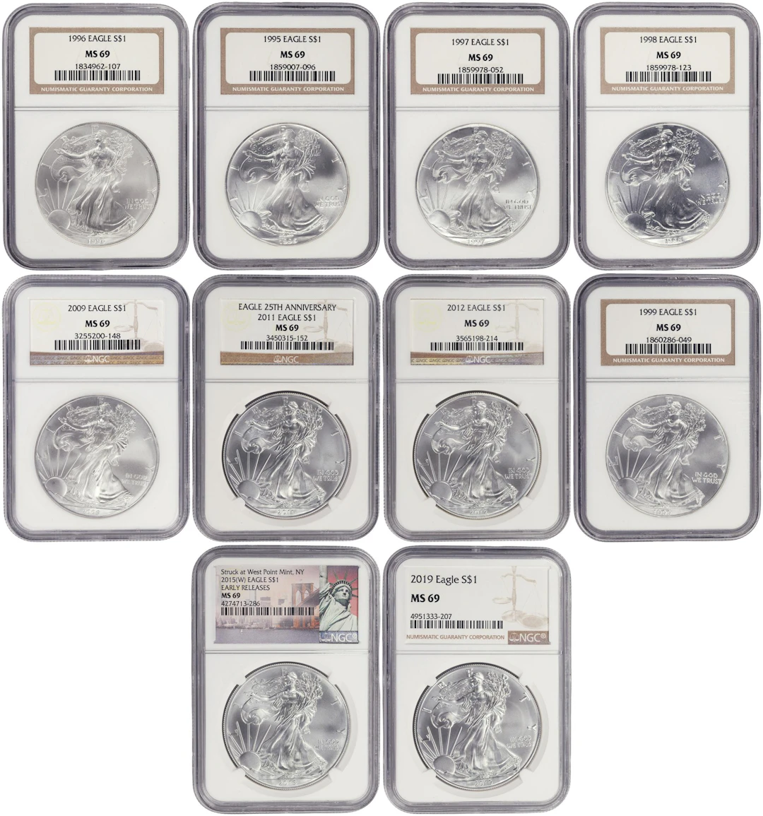 (10 oz, 311.04 g ASW). Lot of (10) Mixed Date American Silver Eagles.