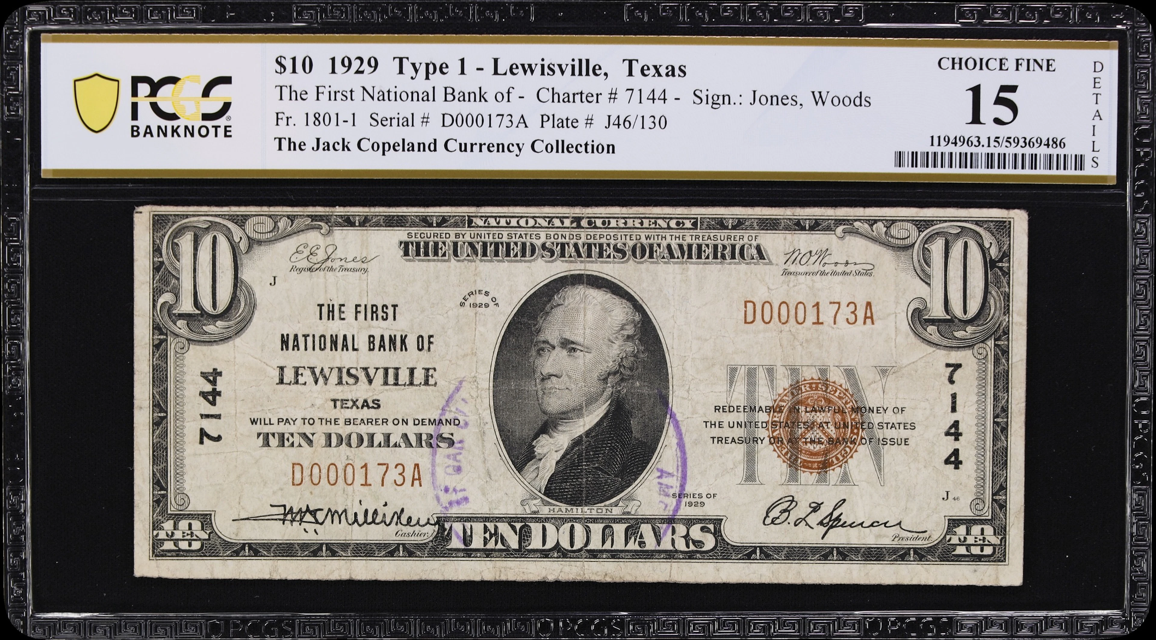 Lewisville, Texas. $10 1929 Ty. 1. Fr. 1801-1. First NB. Charter #7144.