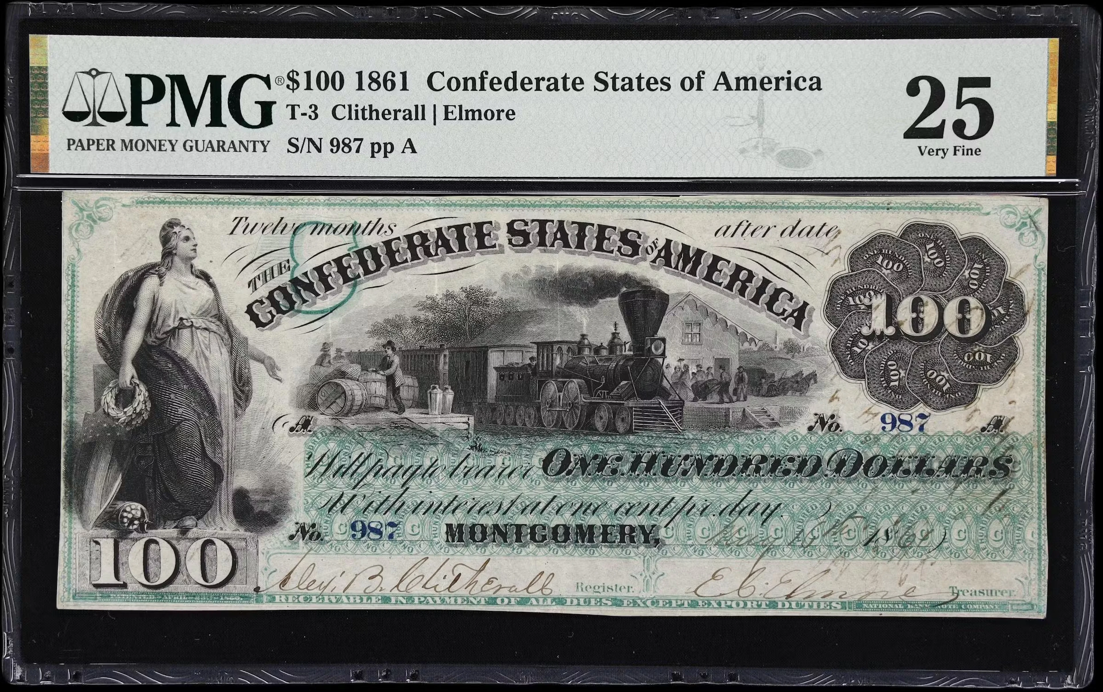 T-3. Confederate Currency. 1861 $100. PMG Very Fine 25. Penned Military