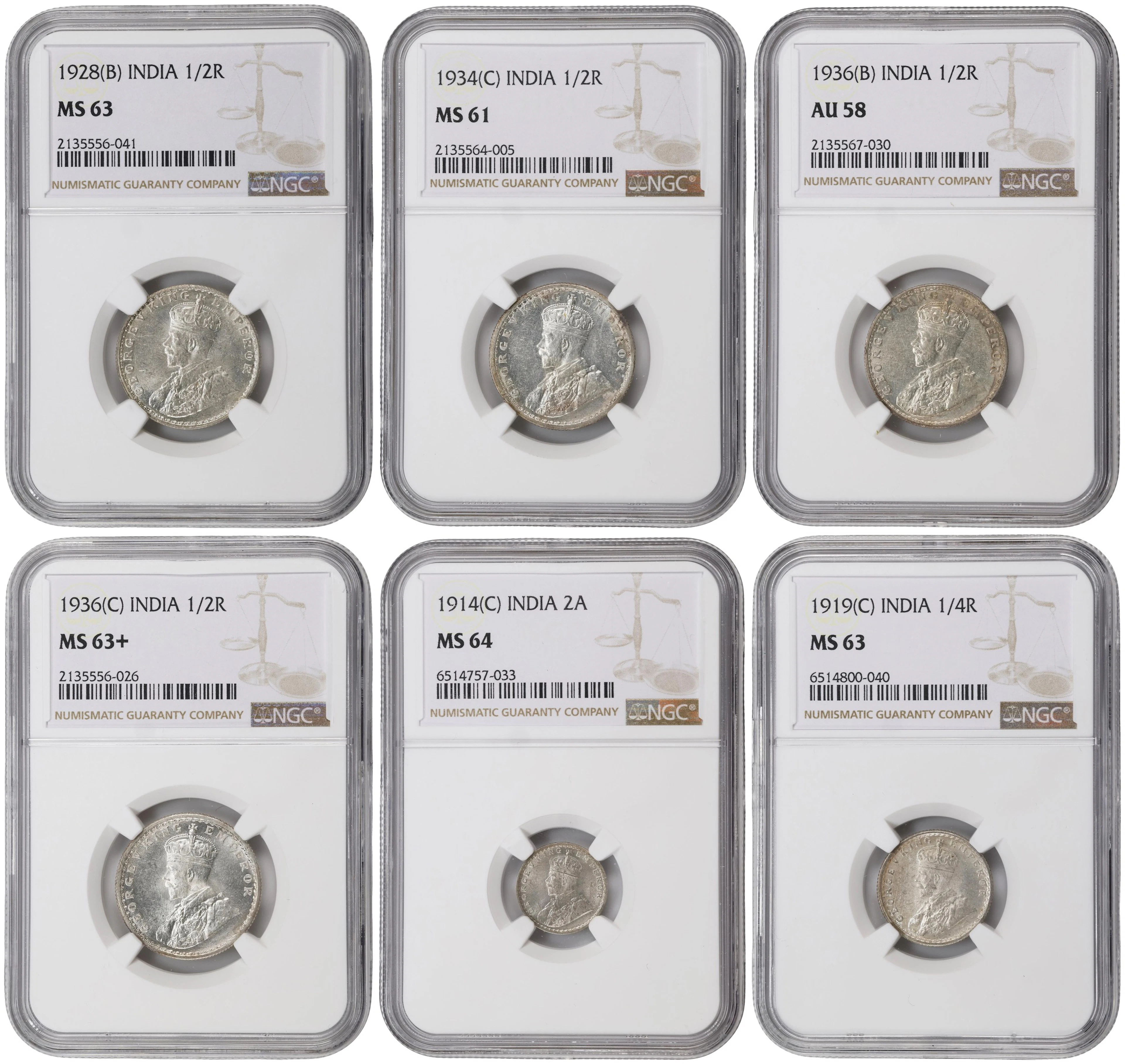 INDIA. Sextet of Silver Denominations (6 Pieces), 1914-36. George