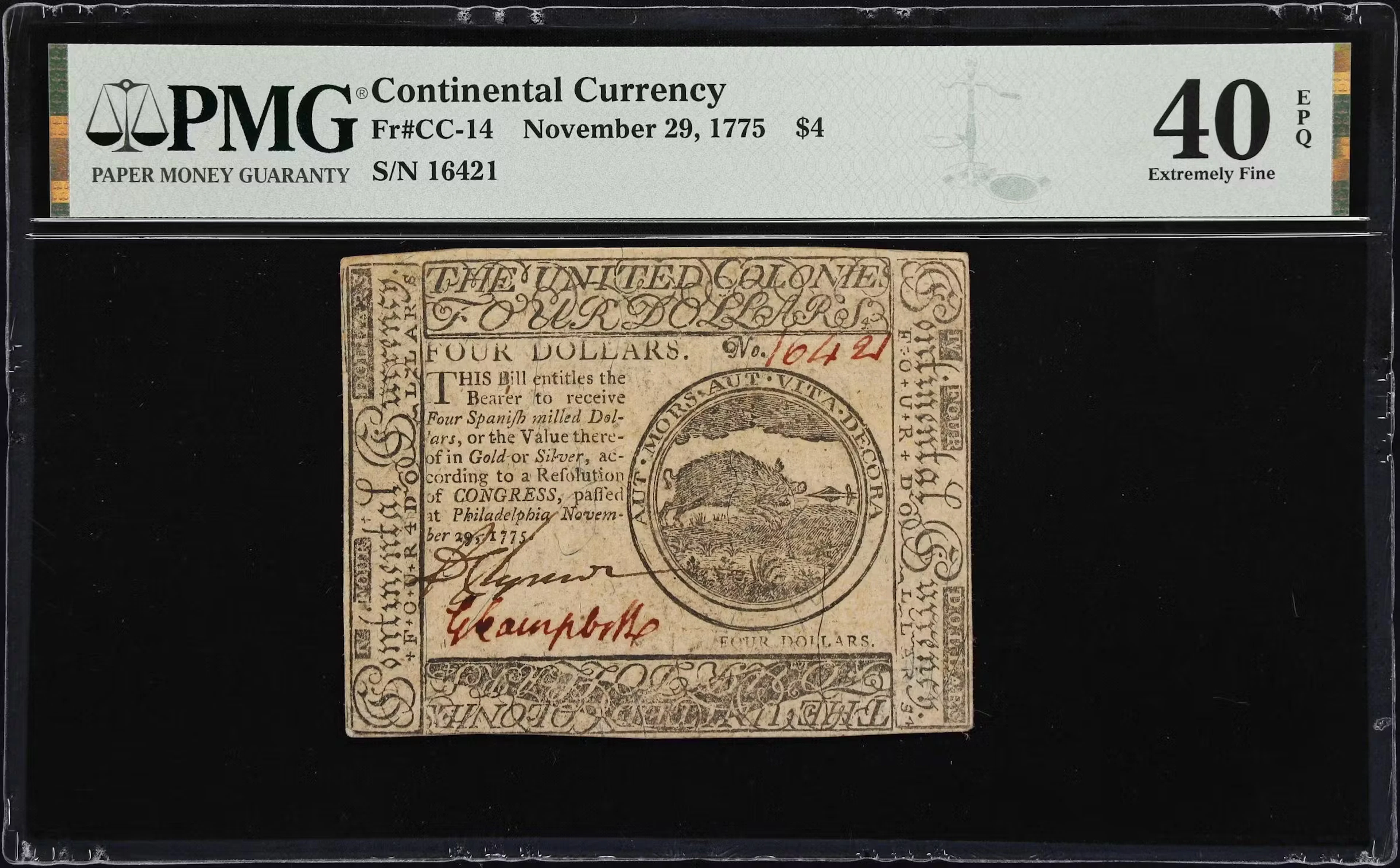 CC-14. Continental Currency. November 29, 1775. $4. PMG Extremely Fine 40 EPQ.