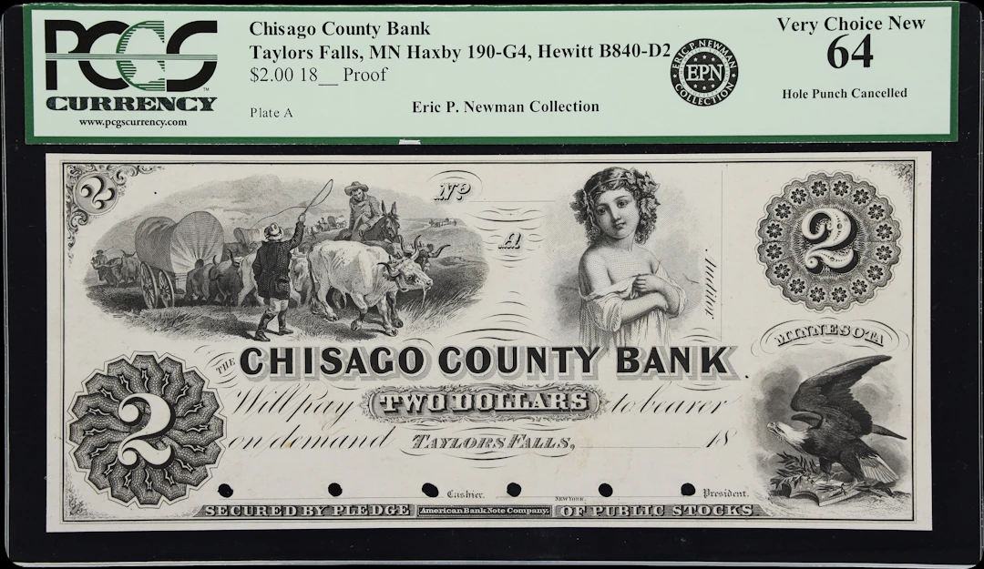 Taylors Falls, Minnesota. Chisago County Bank. 18xx $2. PCGS Currency