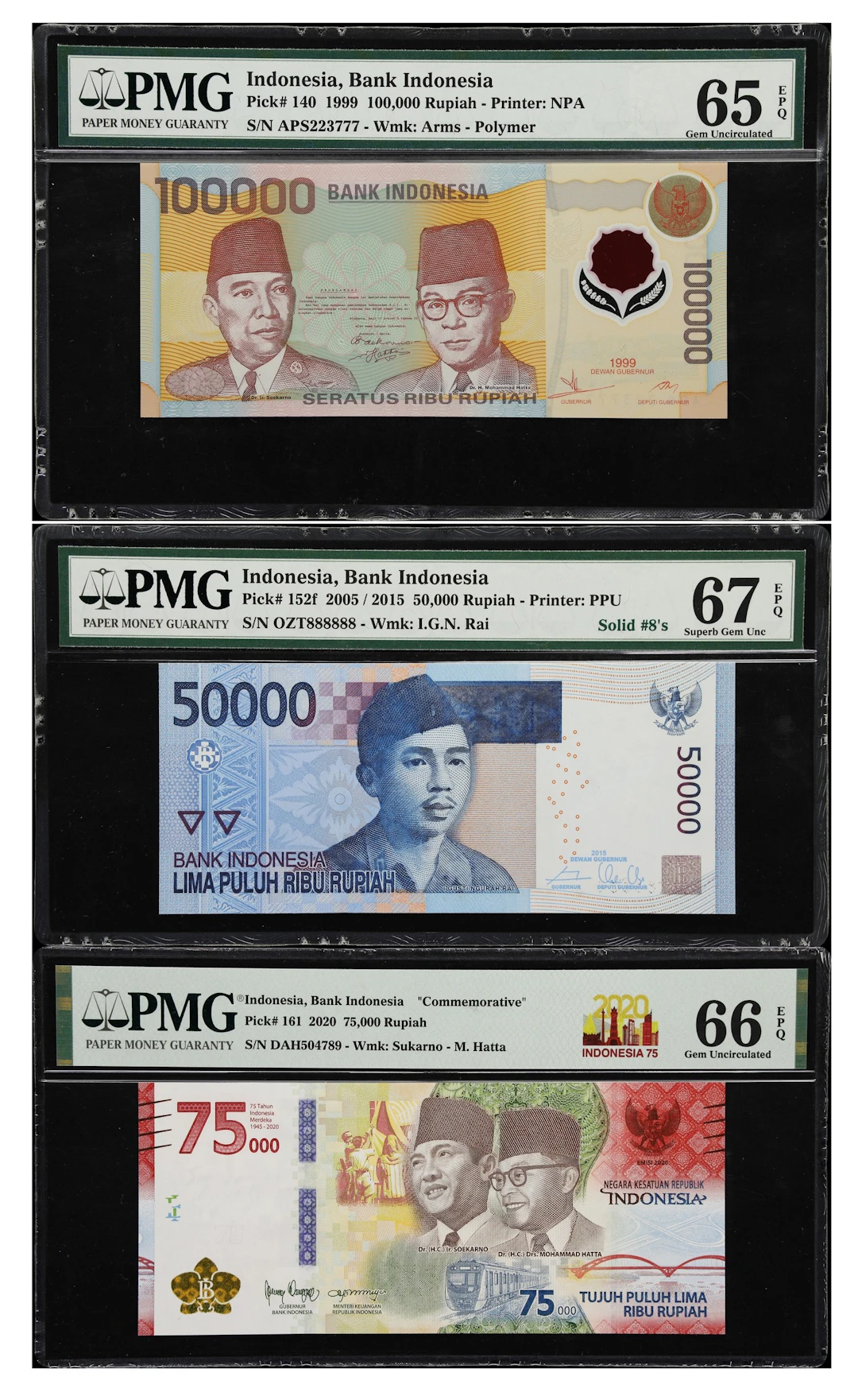 INDONESIA. Lot of (3). Bank Indonesia. 50,000, 75,000, & 100,000 Rupiah