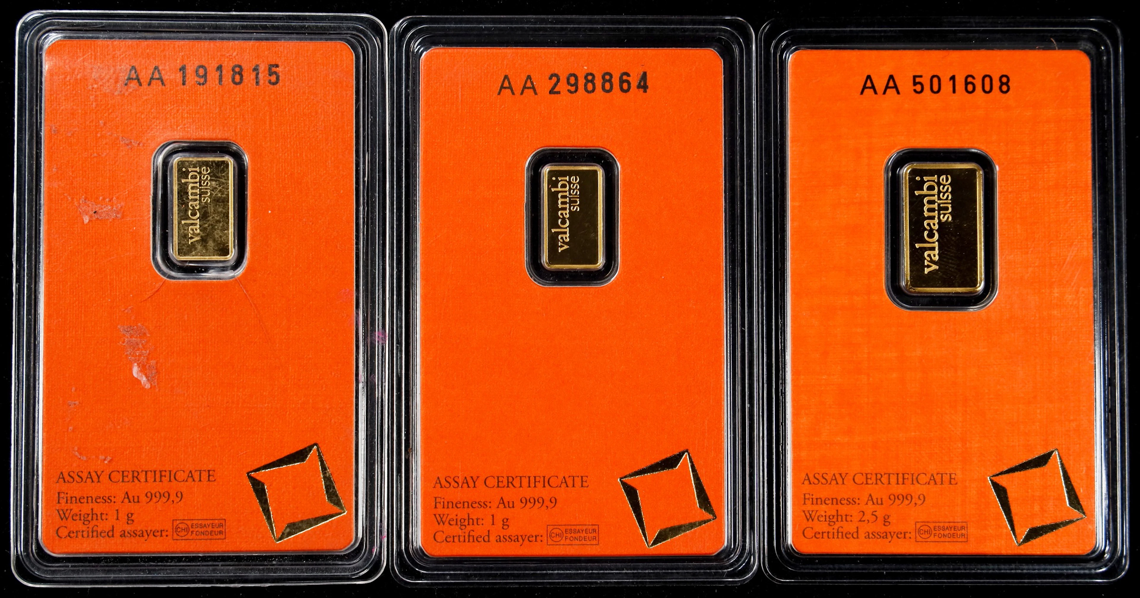 (0.096 oz, 3 g AGW). Lot of (3) Valcambi Suisse 1 gram Gold Bars.