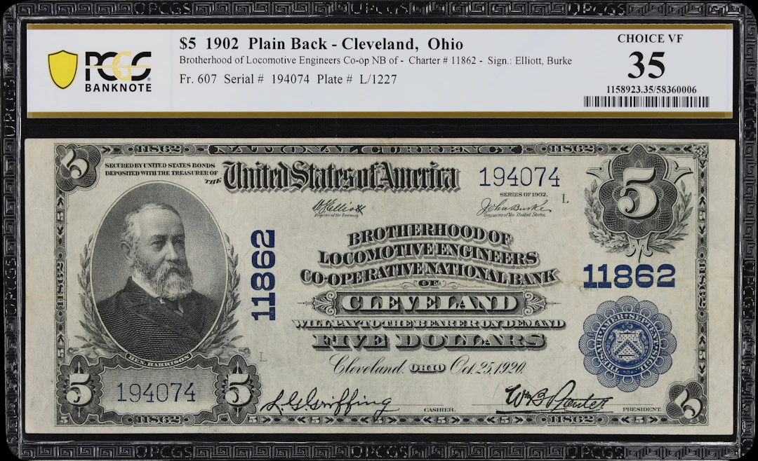 Cleveland, Ohio. $5 1902 Plain Back. Fr. 607. Brotherhood of Locomotive