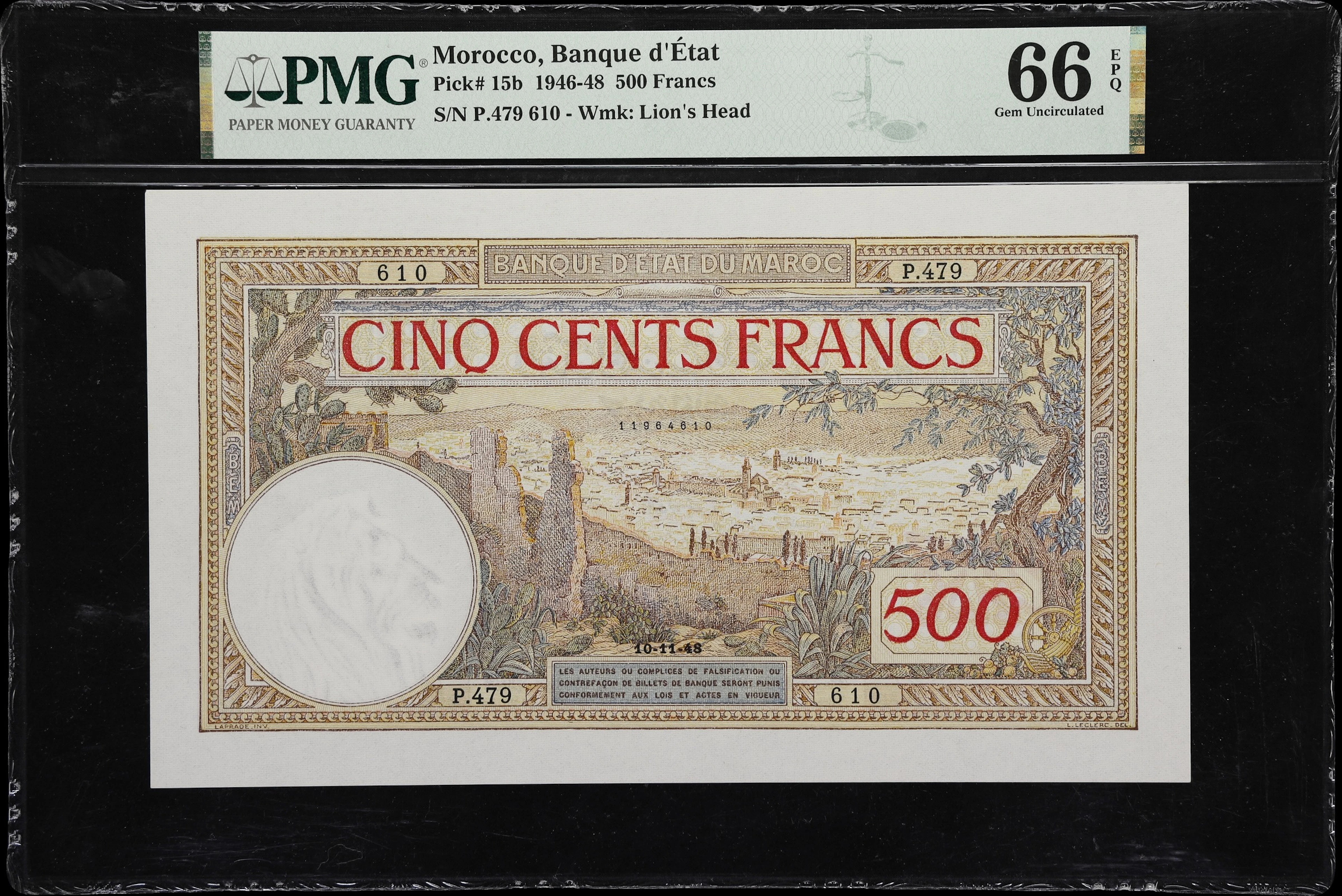 (◊) MOROCCO. Banque d'Etat du Maroc. 500 Francs, 10.11.1948. P-15b.
