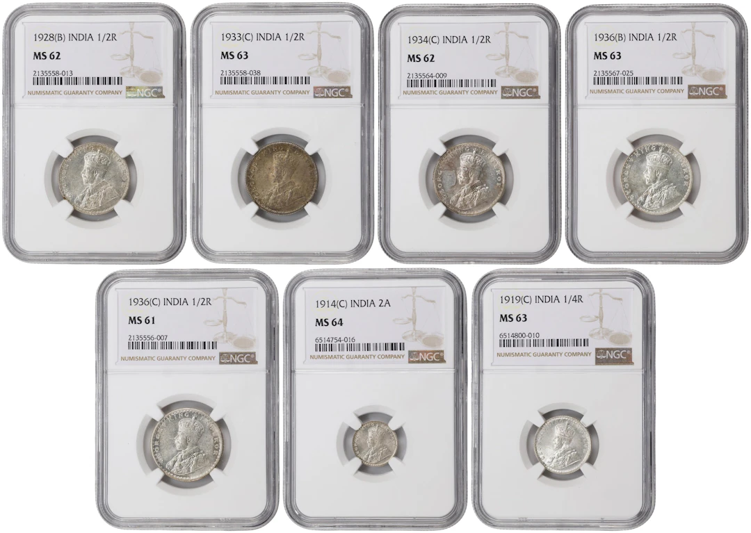 INDIA. Septet of Silver Denominations (7 Pieces), 1914-36. George