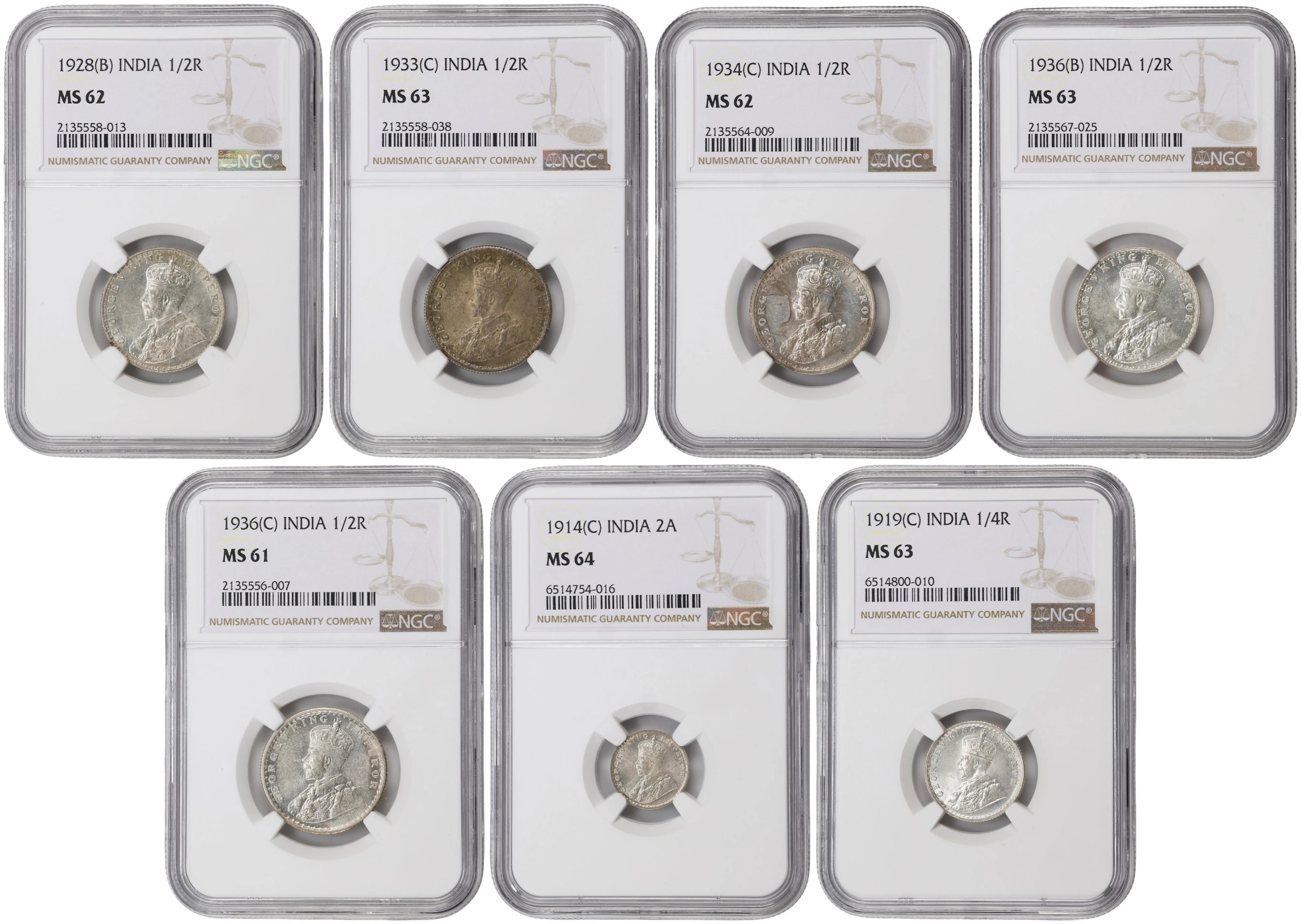 INDIA. Septet of Silver Denominations (7 Pieces), 1914-36. George
