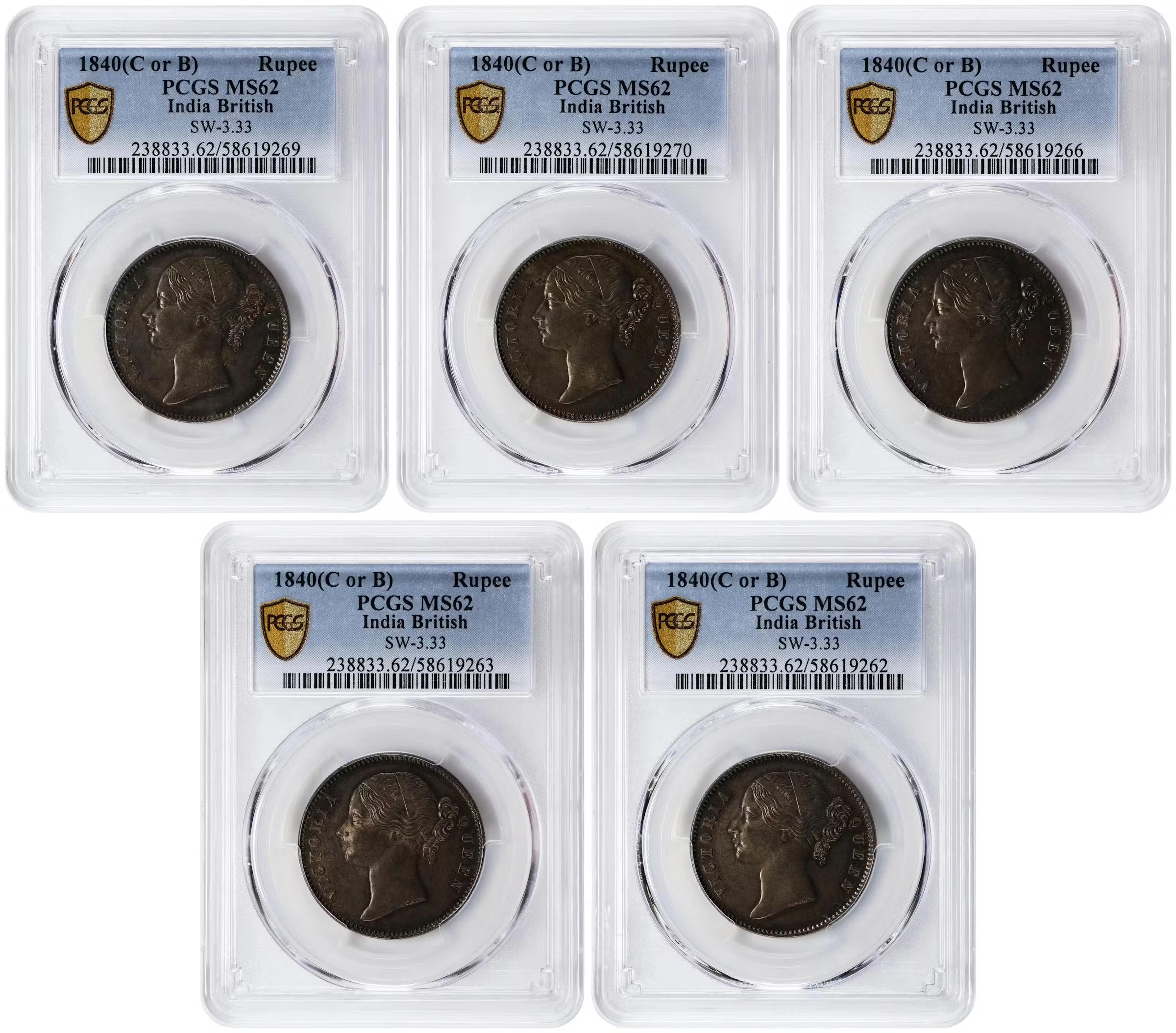 INDIA. Quintet of Rupees (5 Pieces), 1840-(B or C). Bombay or Calcutta