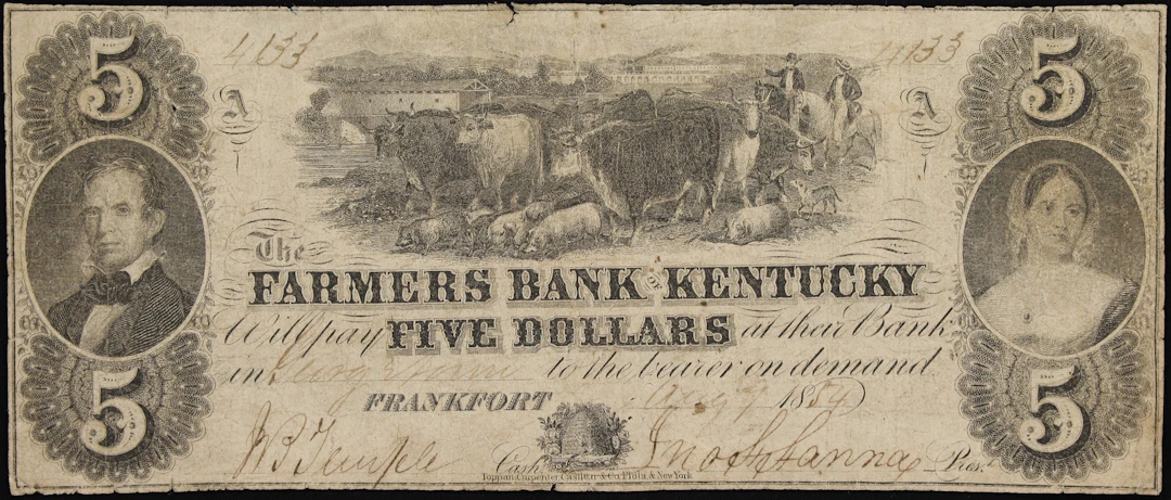 Frankfort, Kentucky. Farmers Bank of Kentucky. 1854 $5. Very Good.