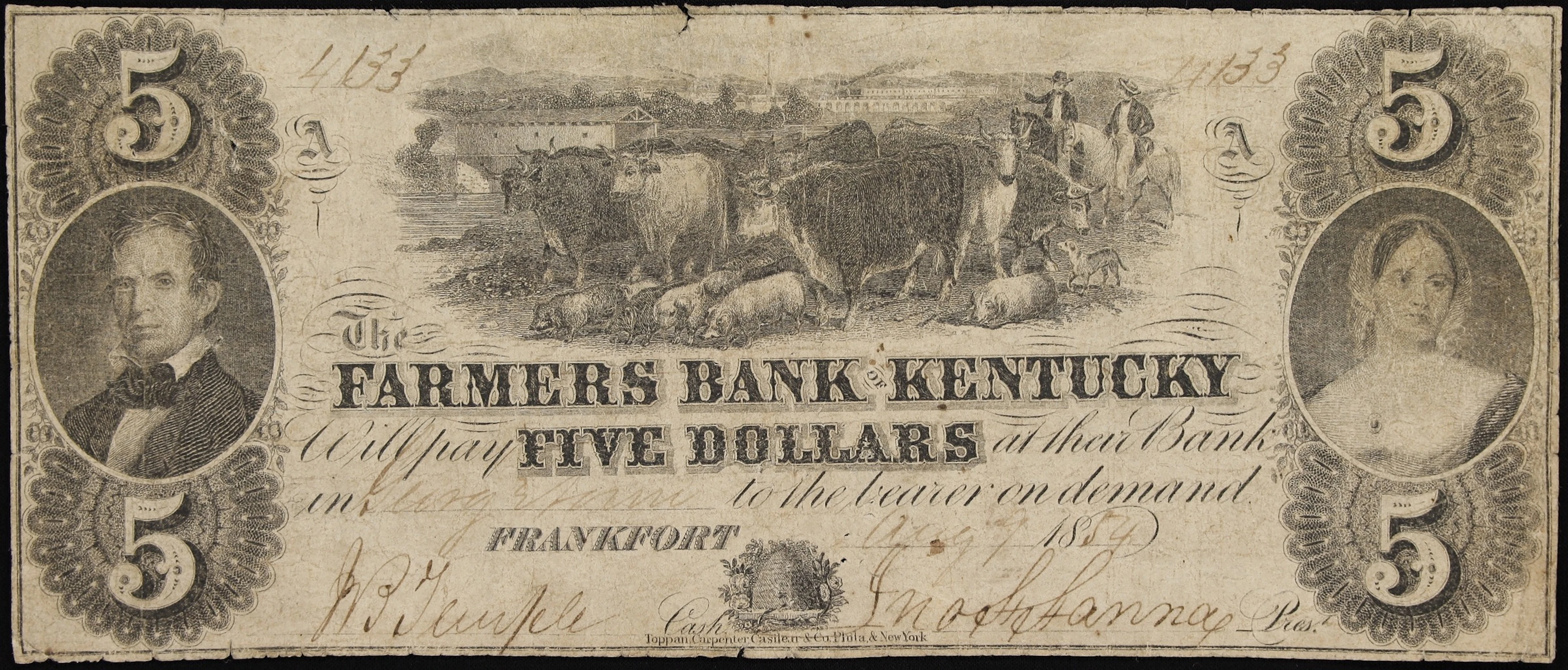Frankfort, Kentucky. Farmers Bank of Kentucky. 1854 $5. Very Good.