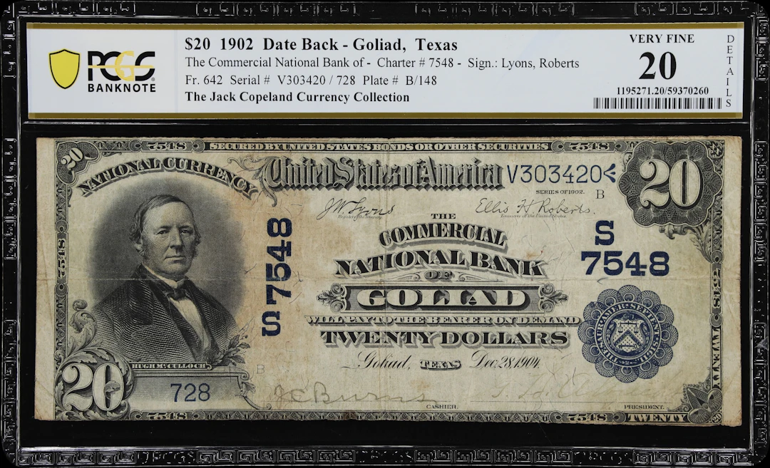 Goliad, Texas. $20 1902 Date Back. Fr. 642. Commercial NB. Charter